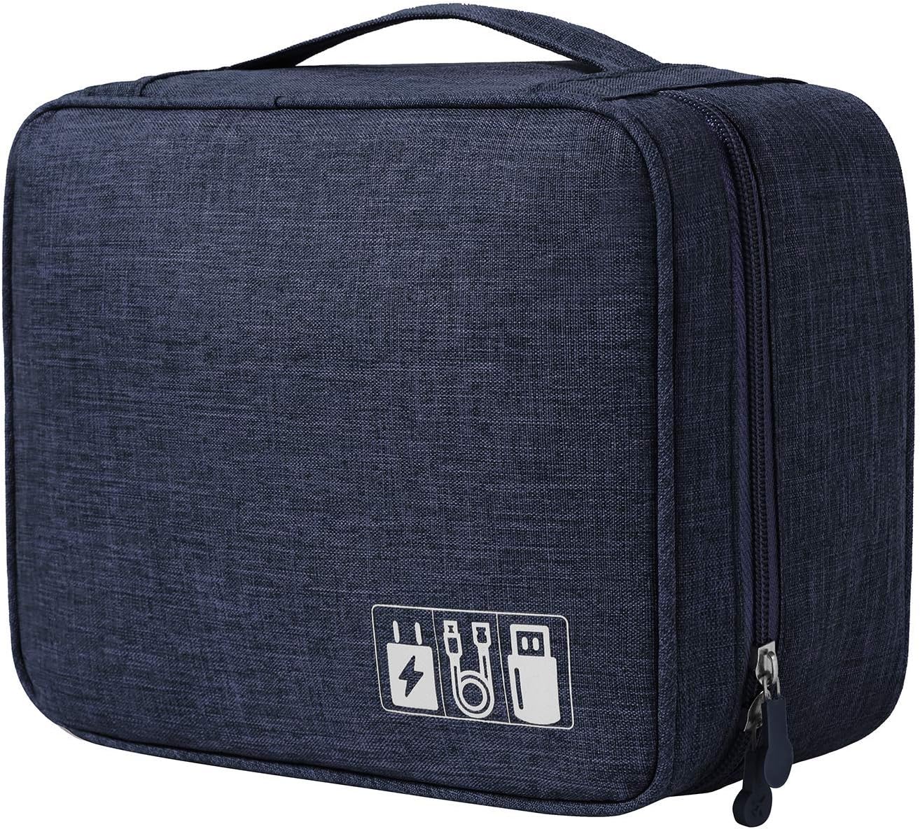 YOUBAMI Electronic Organizer Travel Universal Organizer Storage Bag, Double Layer Polyester Waterproof Trave Accessories Bag with 3 Removable Division for Pens, Camera, Navy Blue