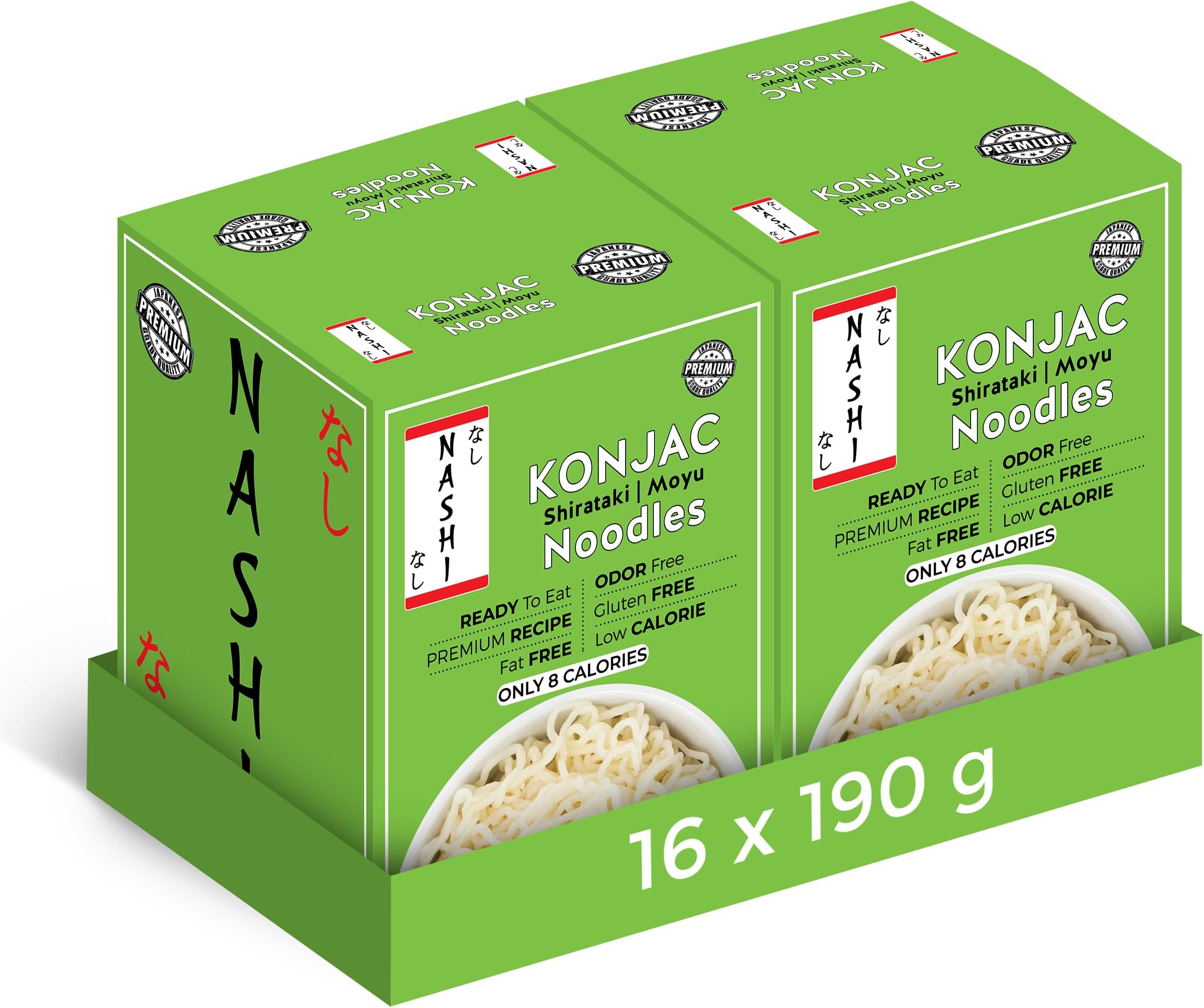 Nashi Konjac Shirataki Premium Noodles (8ร190g) X 2 (Pack of 16) - Odour Free, Suitable for Vegan, Fat Free & Low in Calories, Glucomannan Keto Friendly, Low Carb Diet| Ready to Eat