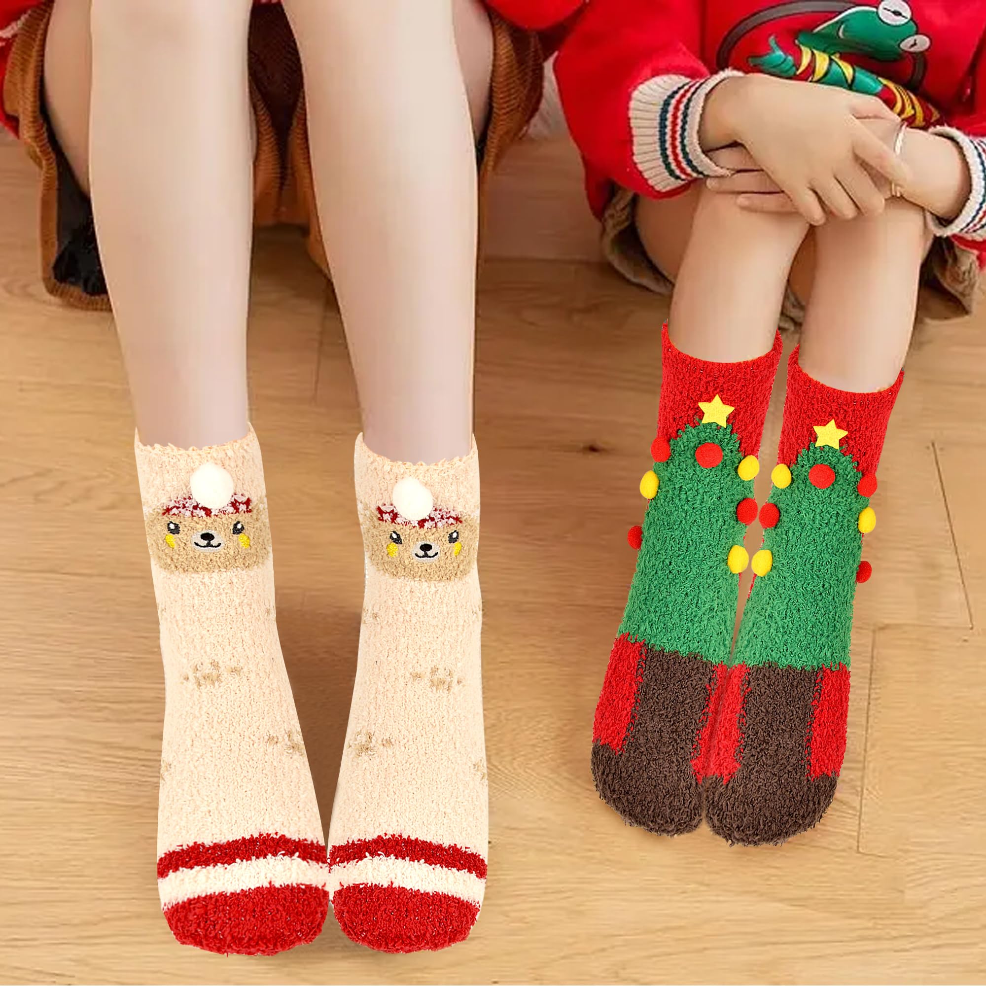 Gofriipai - Calcetines mullidos de Navidad para mujeres y niñas, 5 pares de calcetines lindos con caja de regalo de Navidad