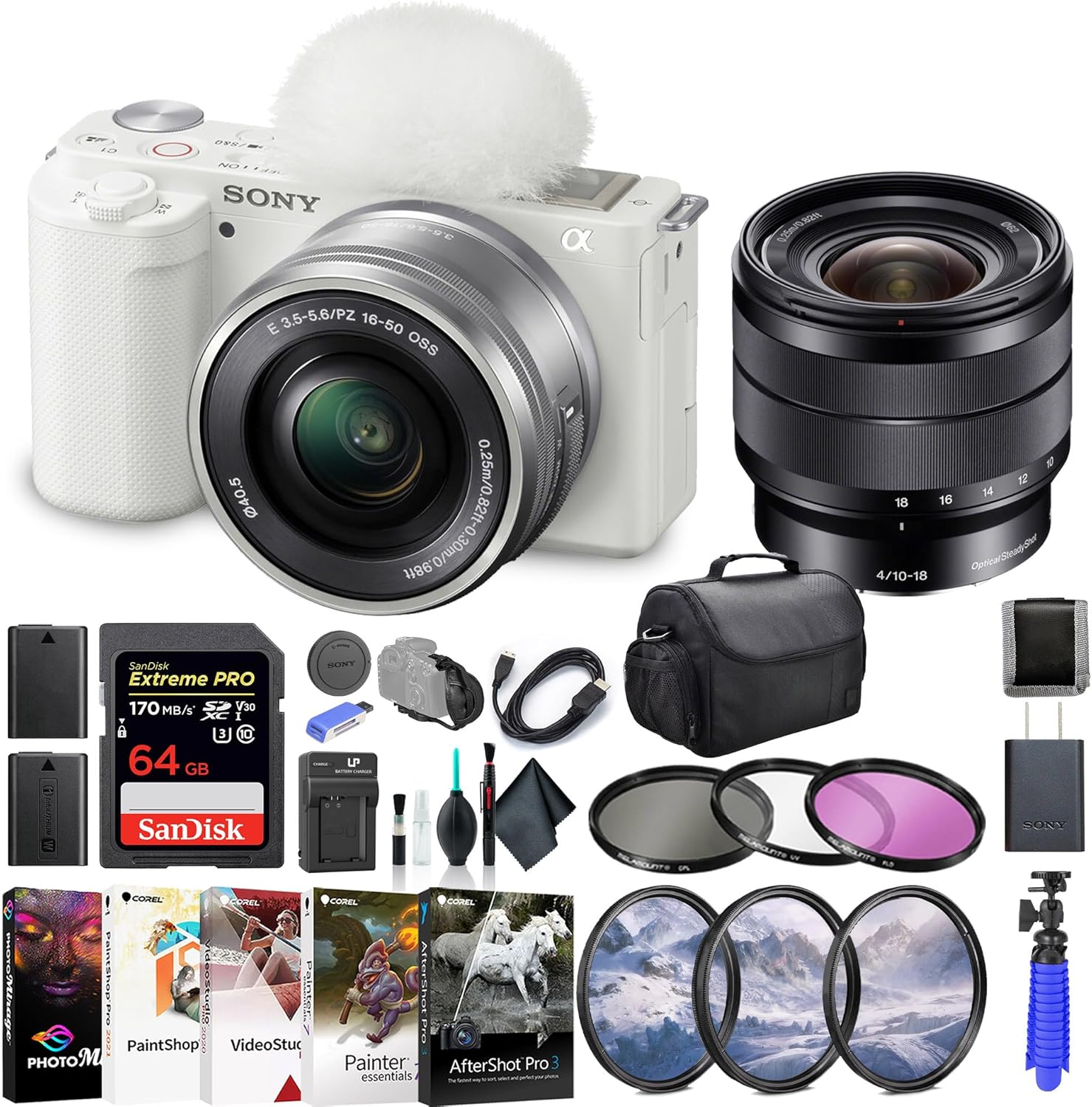 Sony ZV-E10 Mirrorless Camera with 16-50mm Lens White ILCZV-E10L/W, Sony E 10-18mm Lens, 64GB Memory Card, Filter Kit, Corel Photo Software, Bag, NPF-W50 Battery, External Charger, and More