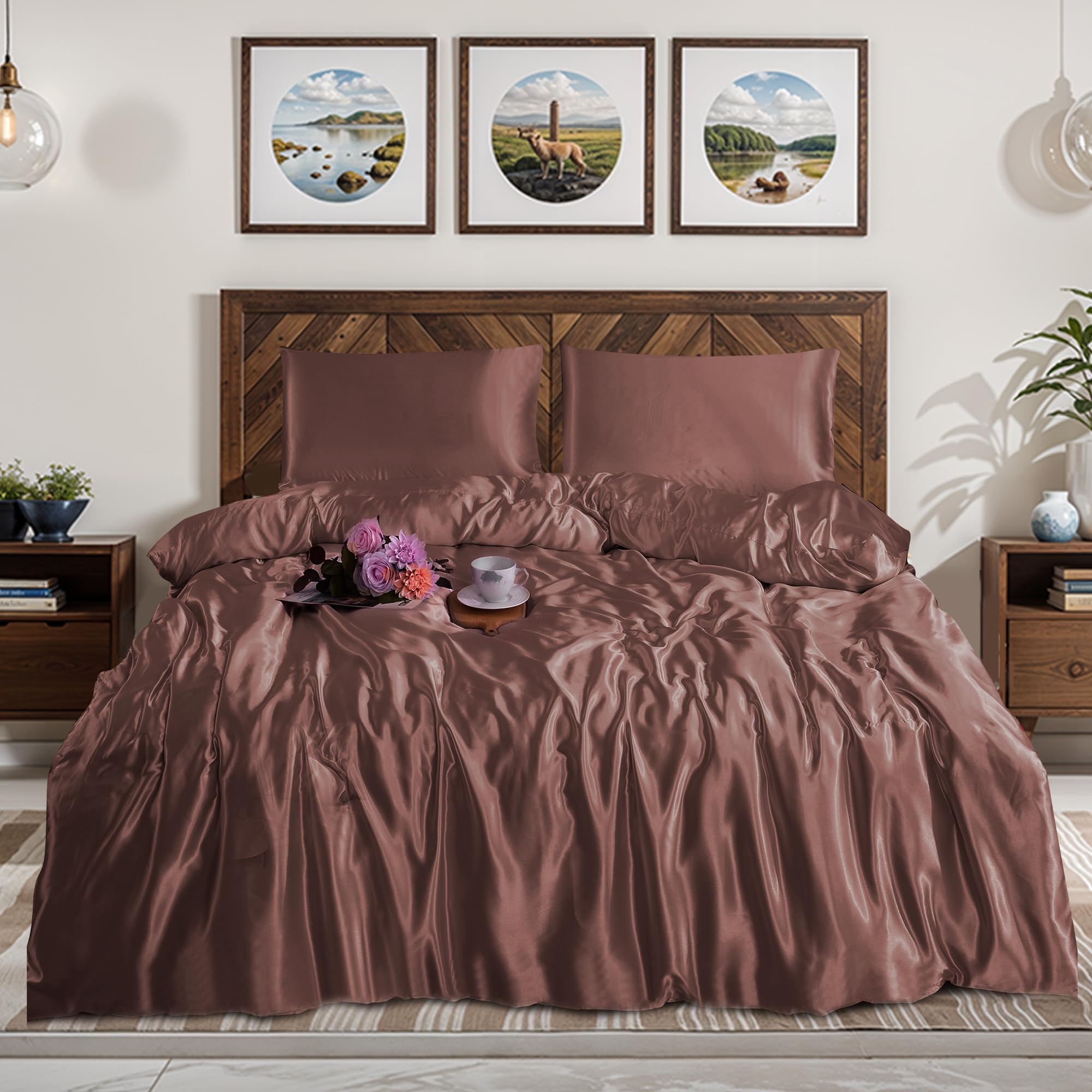 Black Horse 3Pcs Premium Silk Satin Duvet Cover Set – Silky Soft Duvet Cover & Pillowcases 2 Pack – Cool, Breathable, Hypoallergenic Bedding for Luxurious Comfort (DOUBLE-BLUSH-PINK)