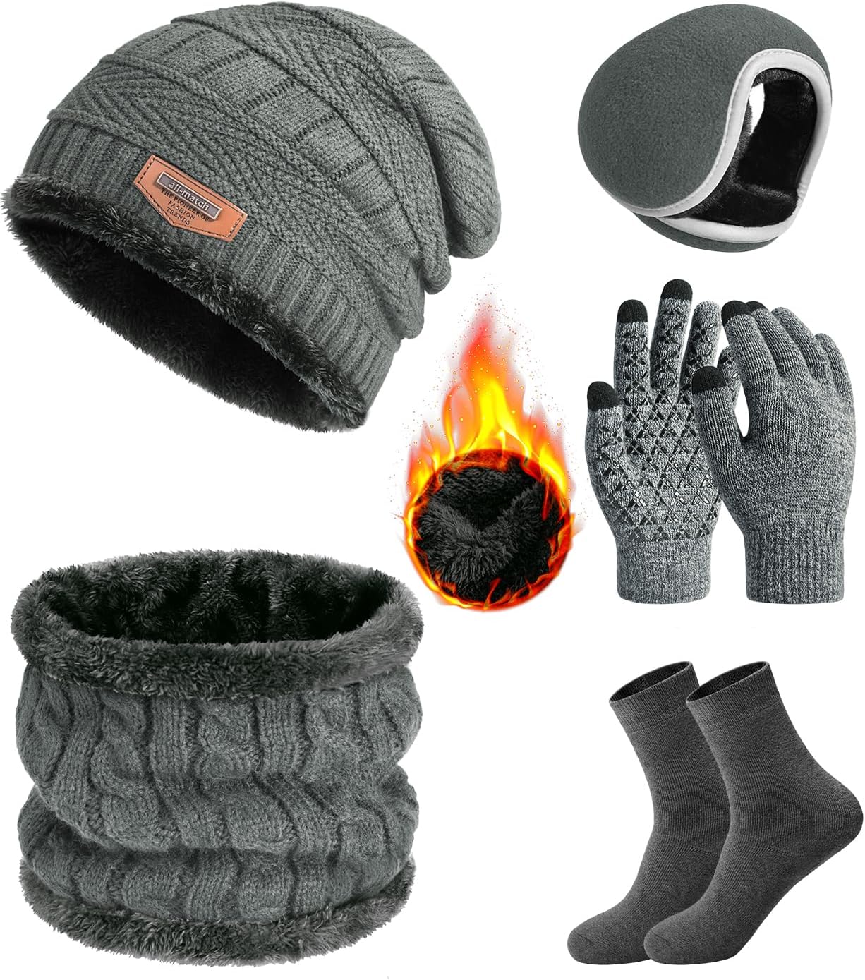 VijamiyHat Scarf and Gloves Set Mens Thermal Winter Hat and Gloves for Mens Neck Warmer Ear Muffs Touchscreen Gloves Socks for Skiing Hiking Driving