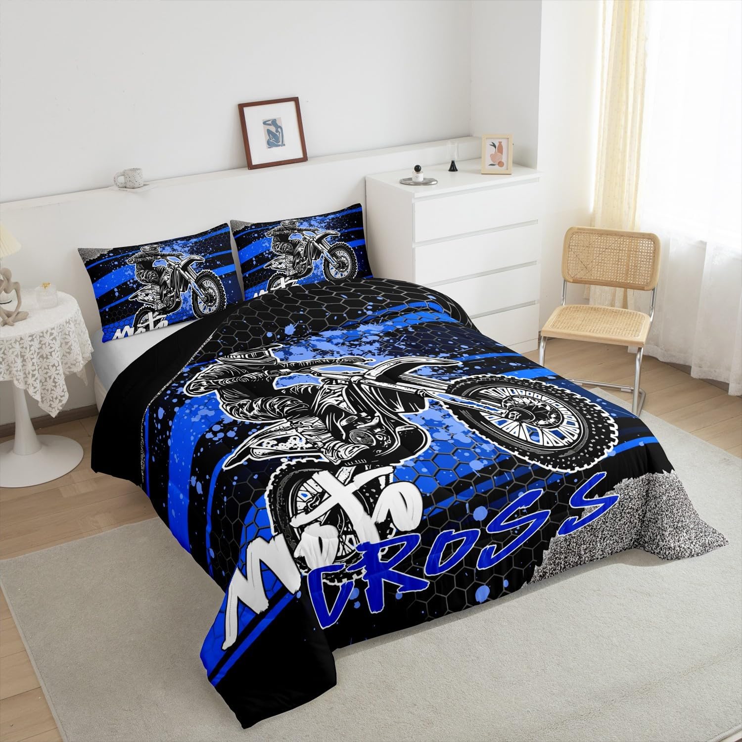 Feelyou Kids Boys Dirt Bike Comforter Set,Extreme Sports Bedding Set Queen Size for Boys Girls Bedroom Room Decor,Motocross Rider Comforter,Motorcycle Bed Set