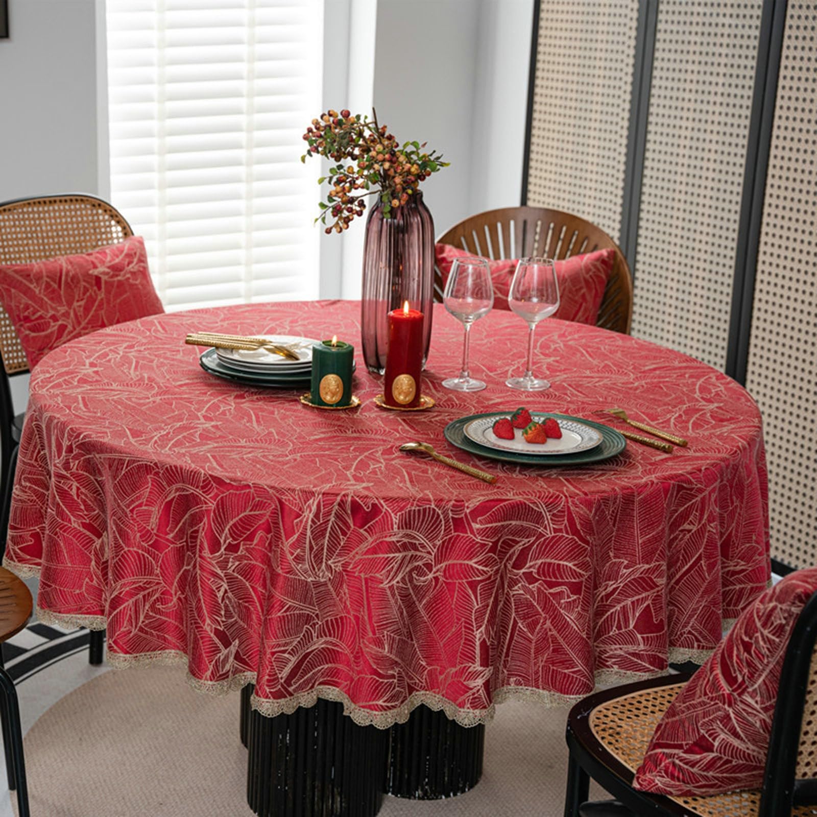Mantel Antimanchas Mesa Redonda 160 cm, Rojo, Mantel Poliéster Hojas Jacquard con Borde de Encaje