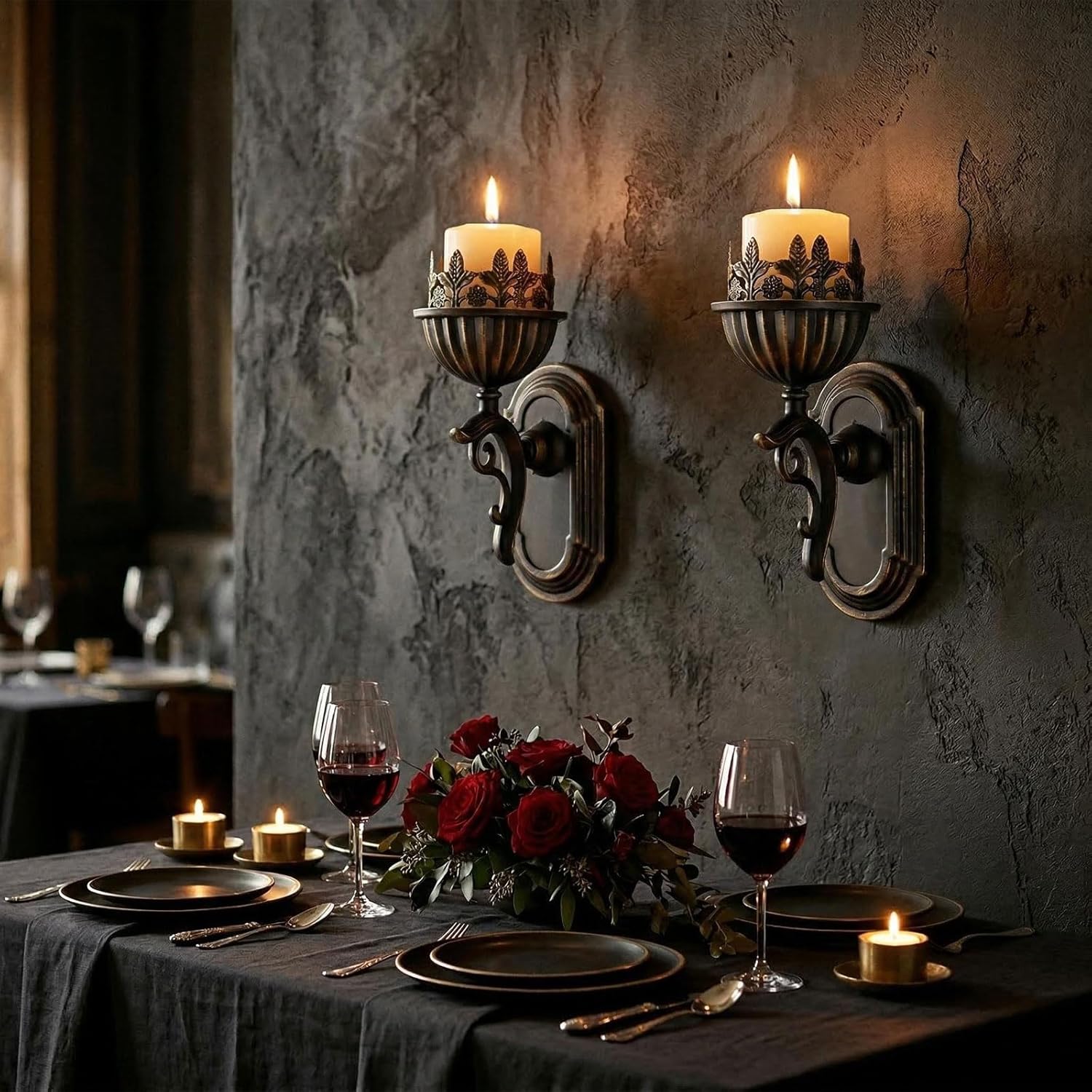 AIM & GGKK Wall Candle Holder Sconce, Set of 2 Vintage Metal Crown Design Wall Mounted Candle Holder for Pillar Candles, Antique Bronze Decorative Wall Sconce for Living Room Hallway Entryway