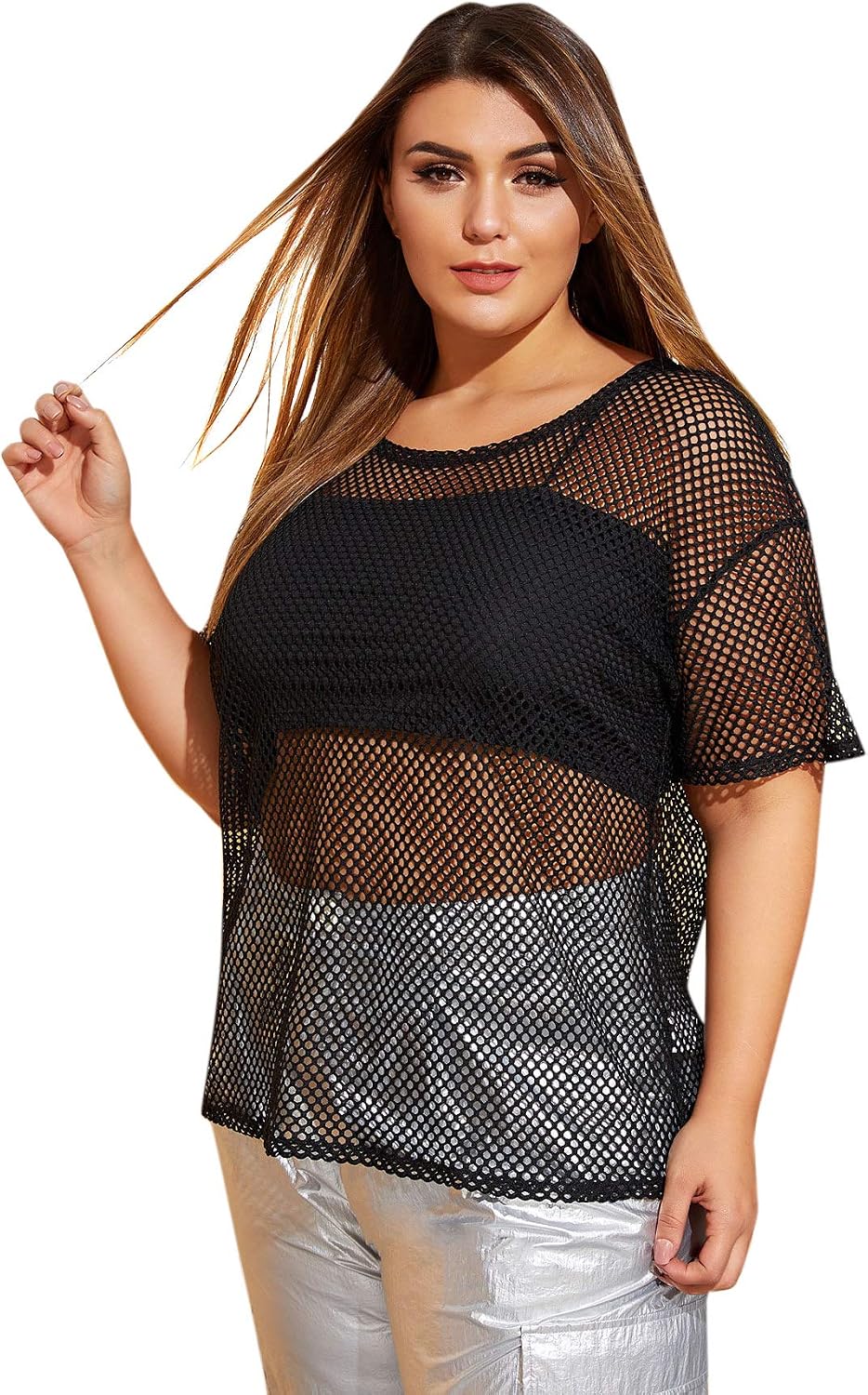 Floerns Women's Casual Plus Size Fishnet Sheer Mesh Short Sleeve Tee Shirt