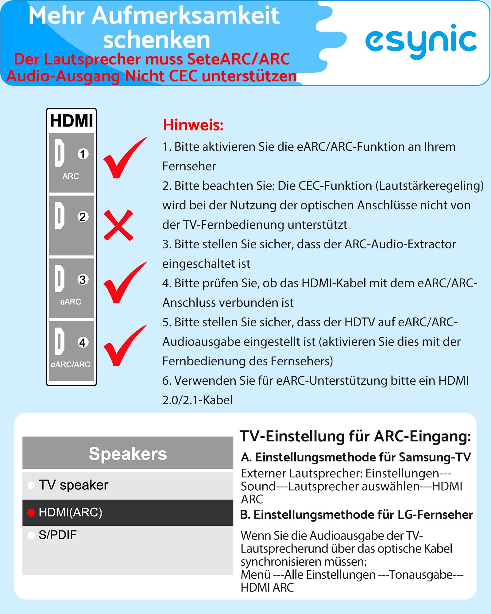 eSynic Professioneller 192 kHz eARC ARC Audio-Extraktor ARC HDMI auf optischen Audio-Extraktor mit HDMI und optischem Kabel, unterstützt 5.0 und 2.0 Audio-Format für HDTV zu Soundbar (muss TV eARC ARC