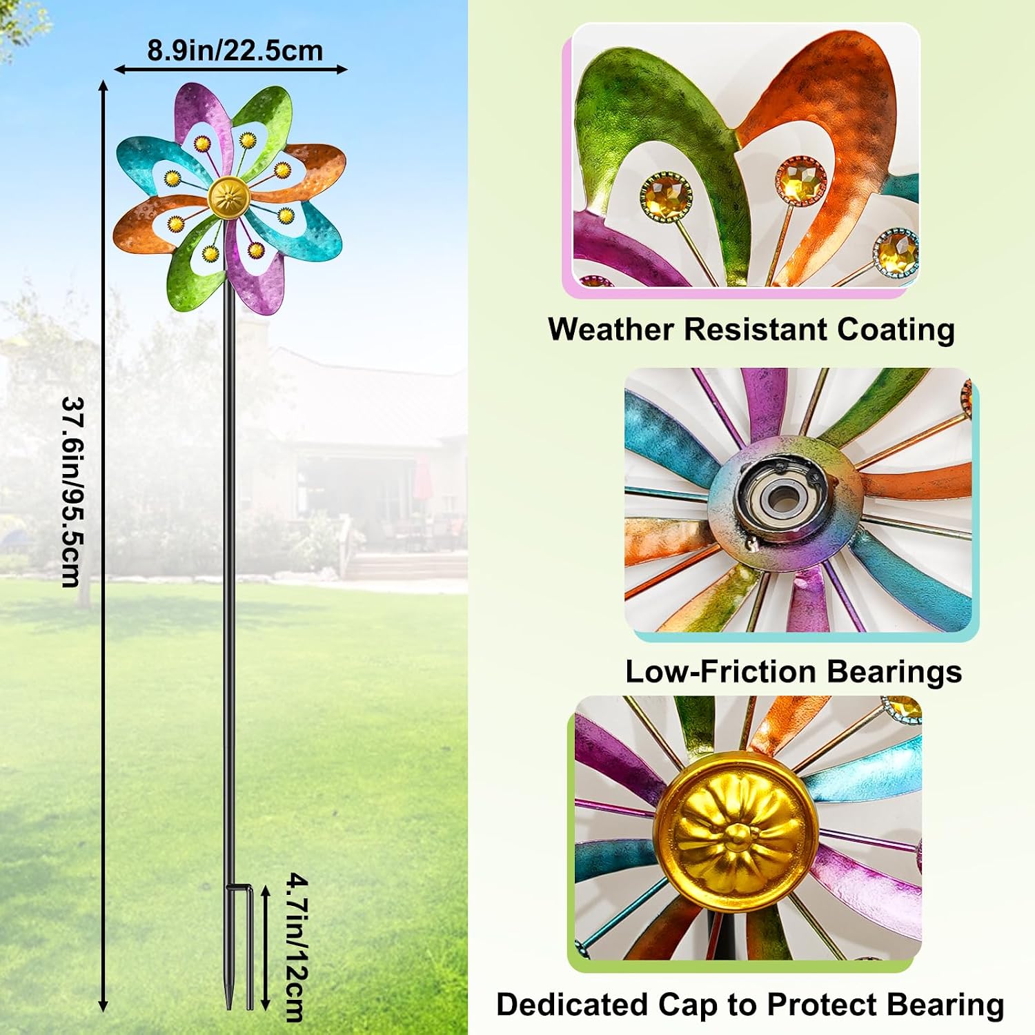 Metal Wind Spinner Outdoor,37" Windmill Wind Sculptures Yard Lawn Art Decor | SHUONIVS 360° Waterproof Spinners Green Kinetic Wind Spinner with Metal Stake for Garden Patio, Easy to install, Colourful