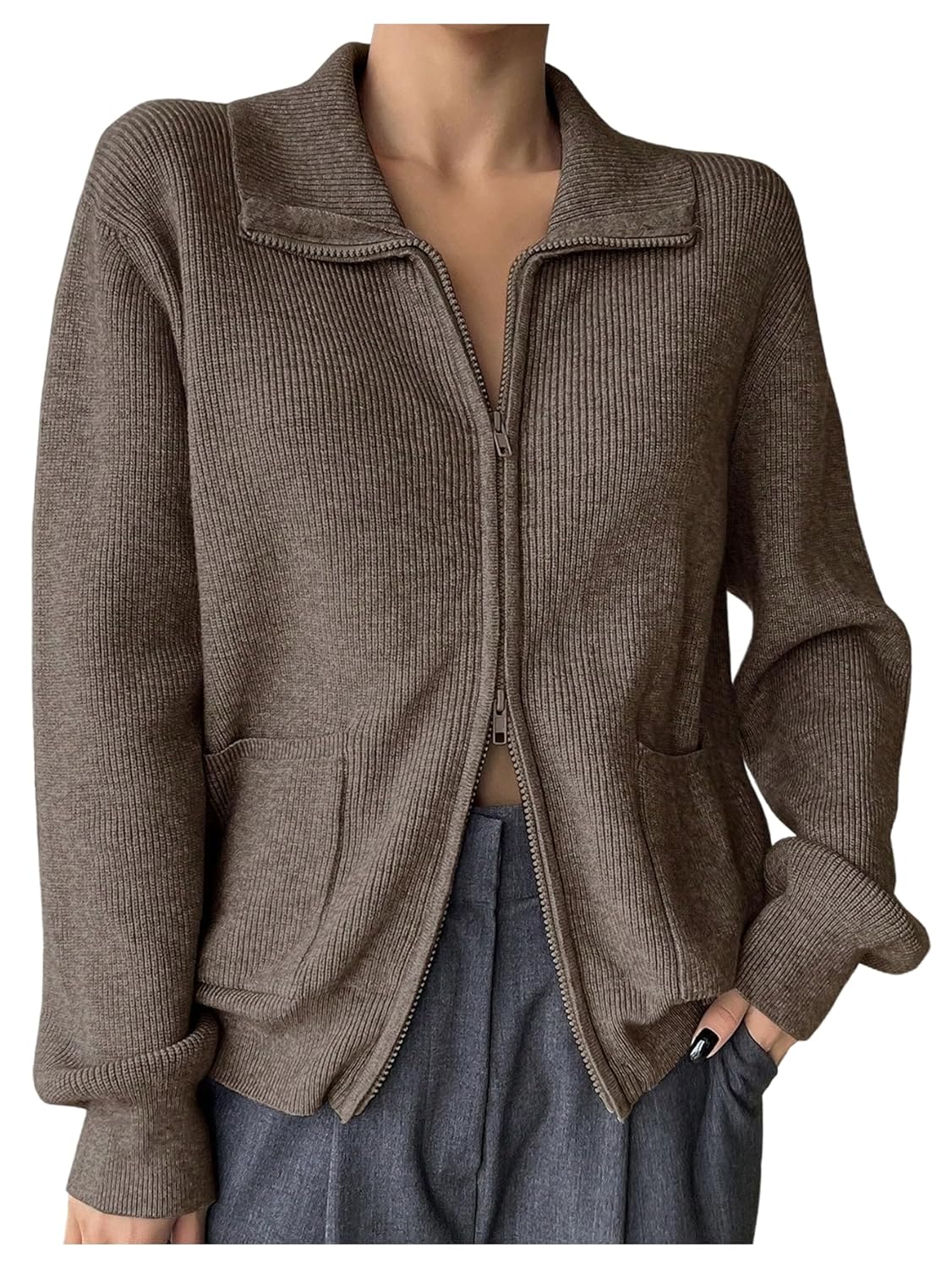 Womens Cardigan Sweaters Zip Up Long Sleeve Collared Y2k Sweater Jacket with Pockets