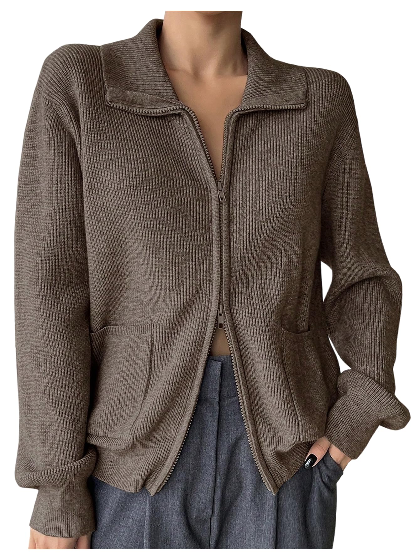 Womens Cardigan Sweaters Zip Up Long Sleeve Collared Y2k Sweater Jacket with Pockets