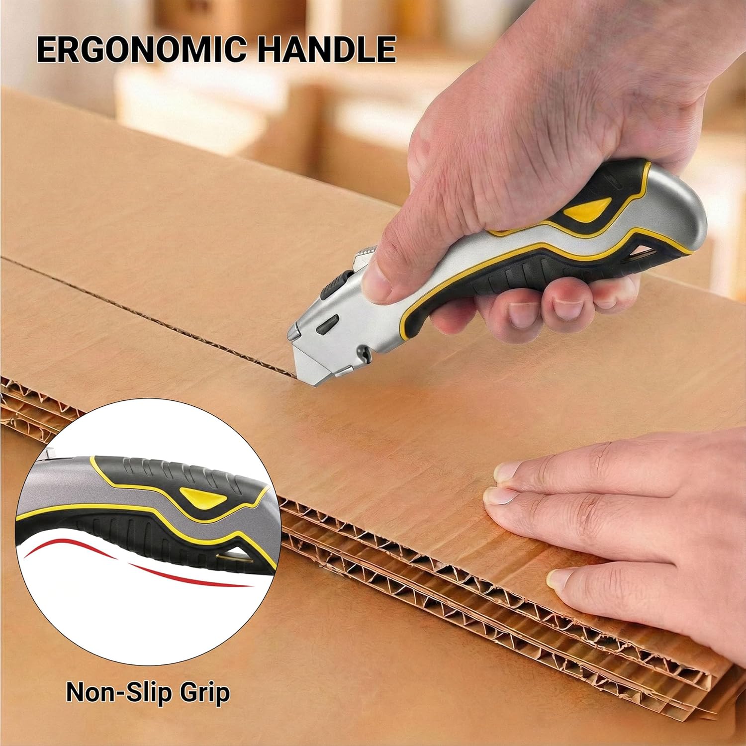 Box Cutter Retractable with Built-In Blade Storage & Wire Stripper, Heavy-Duty Utility Knife safety, Metal Alloy Body, Ergonomic Non-Slip Rubber Grip, Quick Change Blade Razor Knife