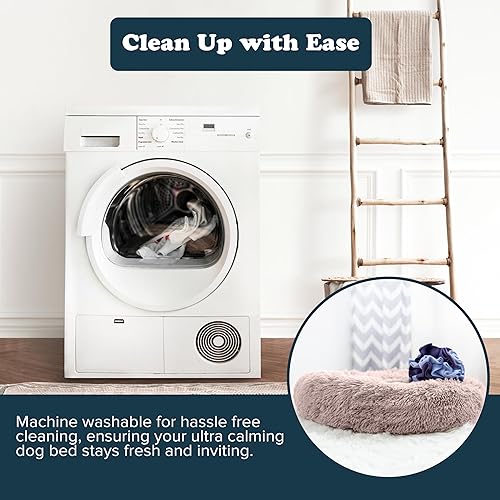 Miniatura 7 de Puppington Cama para perro ultra calmante antiansiedad, cama para perro con forma de dona, de piel sintética de lujo, lavable, SM-MED (latte (beige))