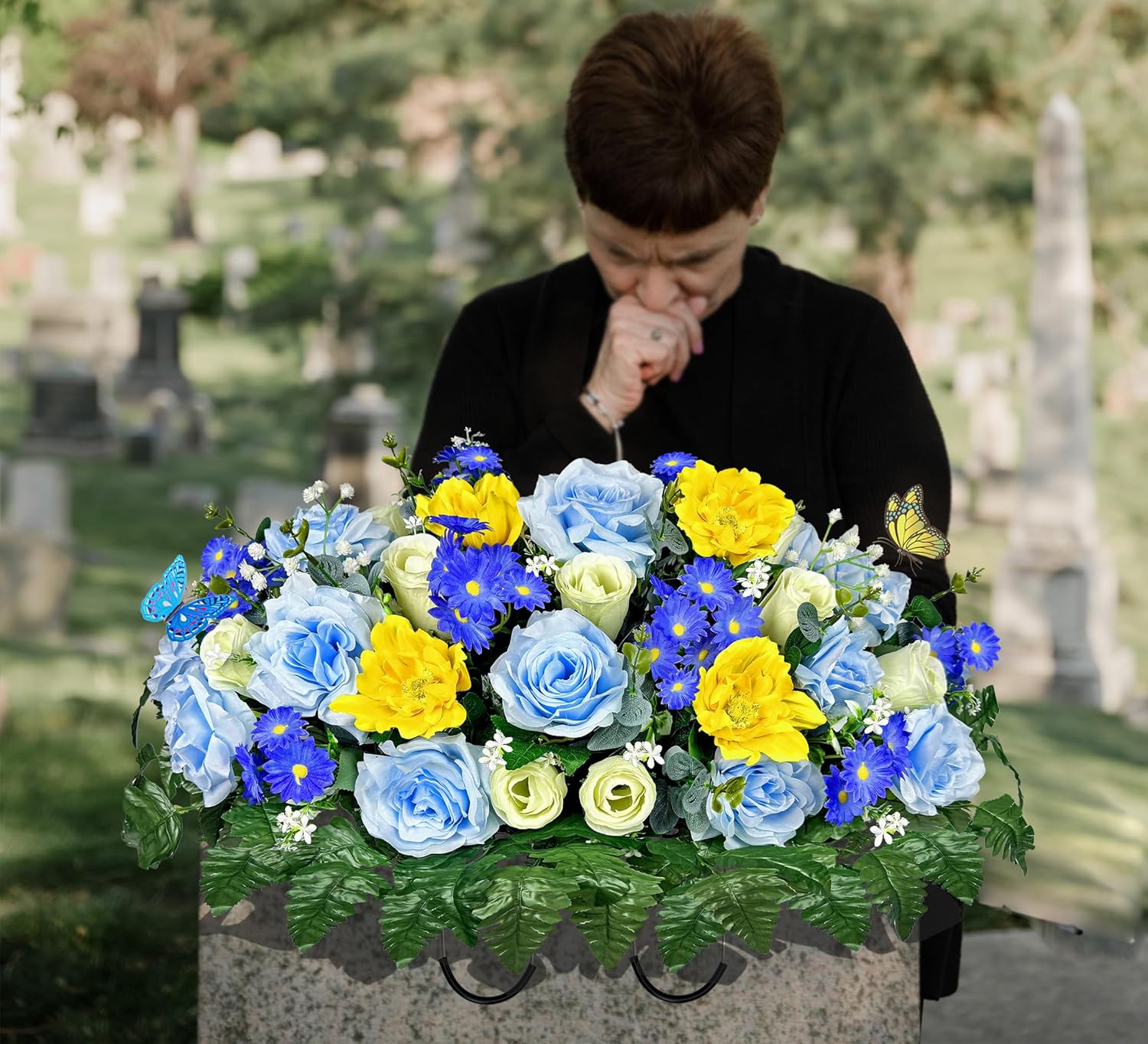 Artificial Cemetery Flower Saddle for Grave Decor, Headstone Flower Saddle of Silk Rose Daisy Cosmos，Memorial Bouquet,Easy Fit and Colorfast，Blue -White