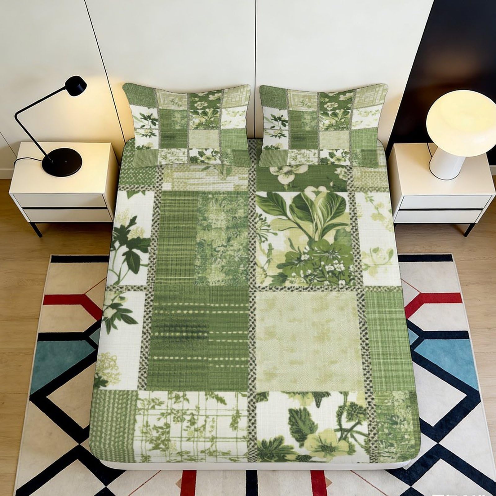 3D Printed Botanical Patchwork Fitted Sheet Microfiber Green Leafy Art Mattress Cover for Bedroom Guest Room Home Decor 120x200x25cm