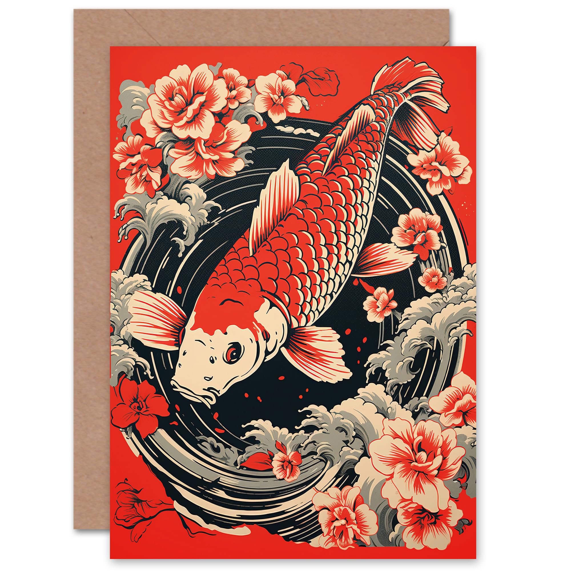 Artery8 Greeting Card - Japanese Floral Koi Fish - Red