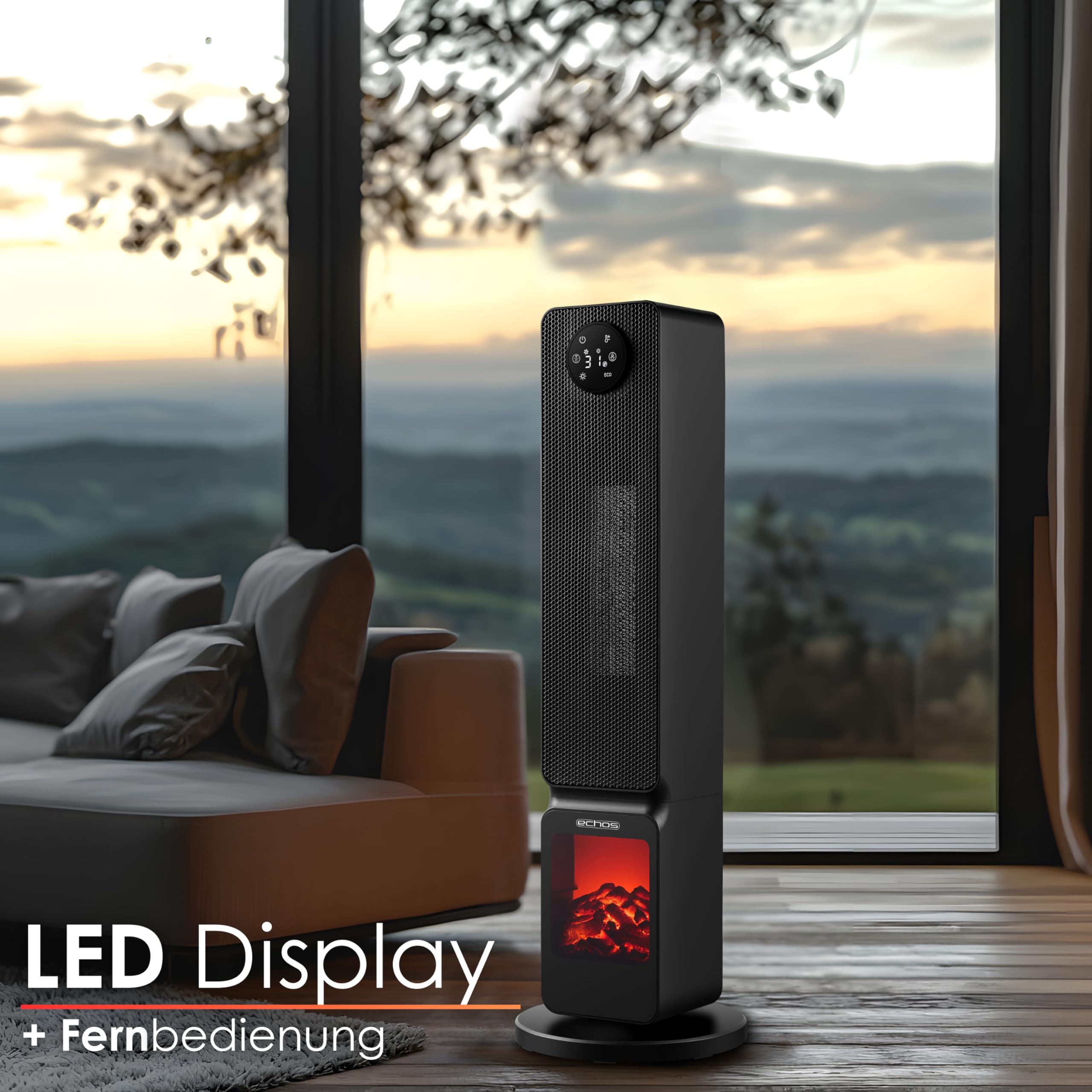 Calefactor con ilusión de chimenea, ahorro de energía, oscilante, protección contra sobrecalentamiento, 2000 W, 2 niveles, controlable mediante smartphone con aplicación Tuya, calefactor silencioso