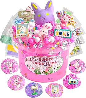 LAWOHO 300ml Bunny Kids Slime, Pink Clear Slime Kit with 9 Packs Slime Add-Ins, Slime Kits for Girls & Boys Slime Party Bag Fillers, Slime Making Kit for Birthday Halloween Christmas Easter Gifts