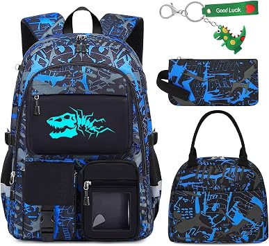 School Backpack for Boys - 4pcs Dinosaur Boys Backpack with Lunch Box Set for Kids Teens Elementary Middle High School - 18" Large Capacity School Bookbag with Multiple Pockets