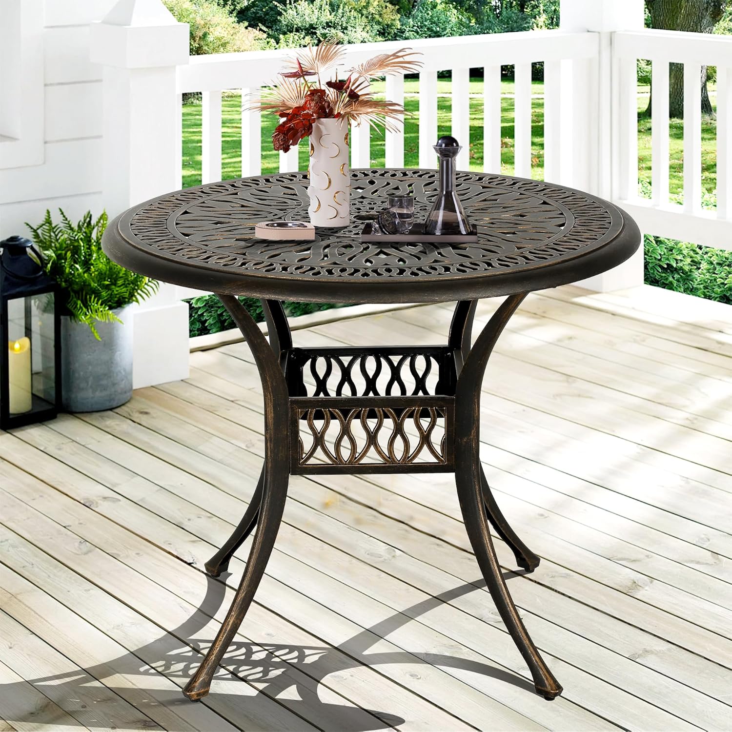 35.4in Round Cast Aluminum Patio Bistro Table, Outdoor Dining Table with 2" Umbrella Hole, Weather-Resistant Table for Porch, Backyard, Garden, Balcony, Bronze (35.4" Round Table)