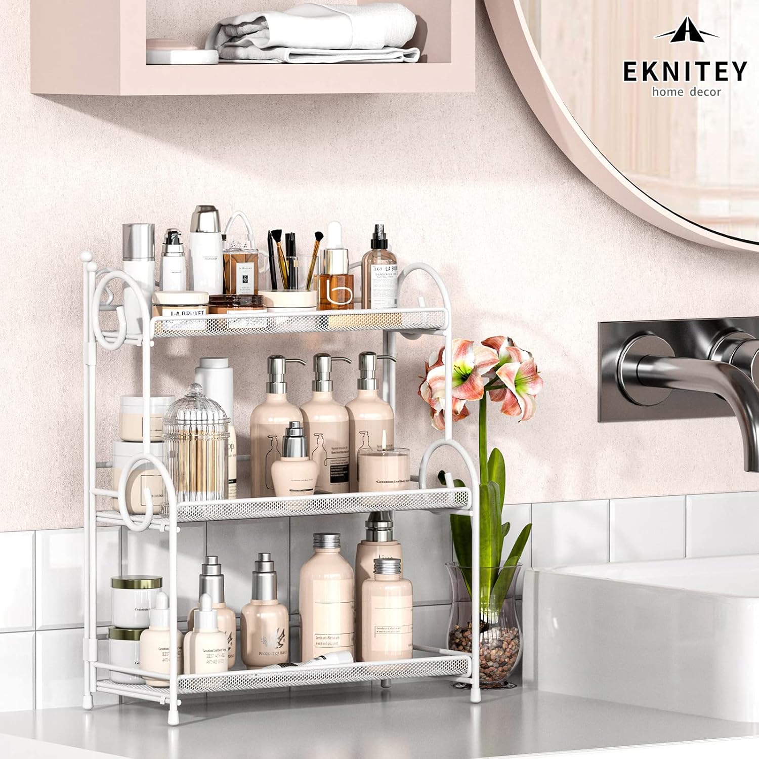EKNITEY 3-Tier Bathroom Organizer - Sink Organizer Spice Rack for Countertop Storage, White (No Assembly)