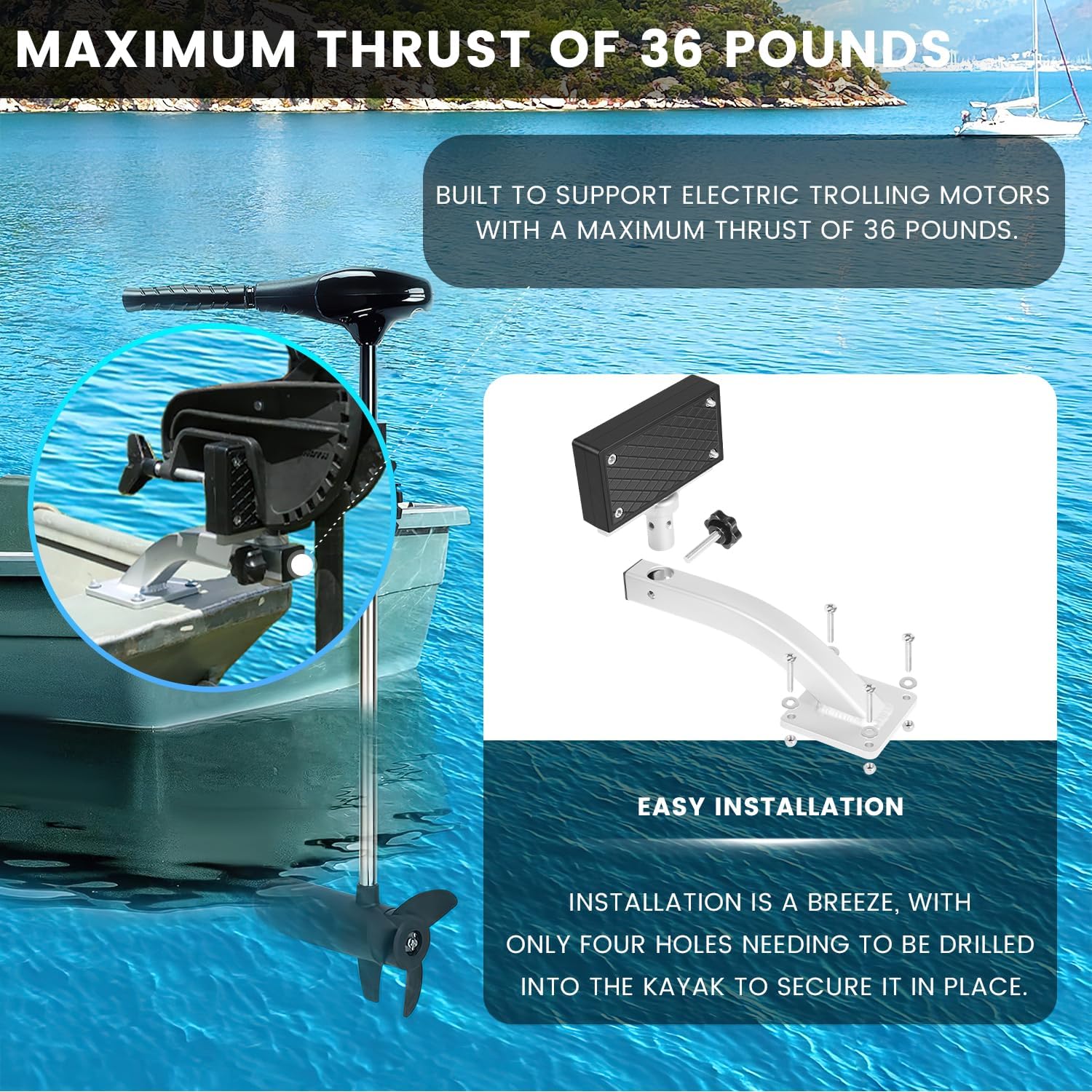 Universal 90 Degree Adjustable Transom Trolling Motor Mount for Kayaks/Kayak Motor Mount, Fit for Any Boat with A Flat Stern, For Electric Trolling Motors Only, Not for Outboard Engines of Any Size