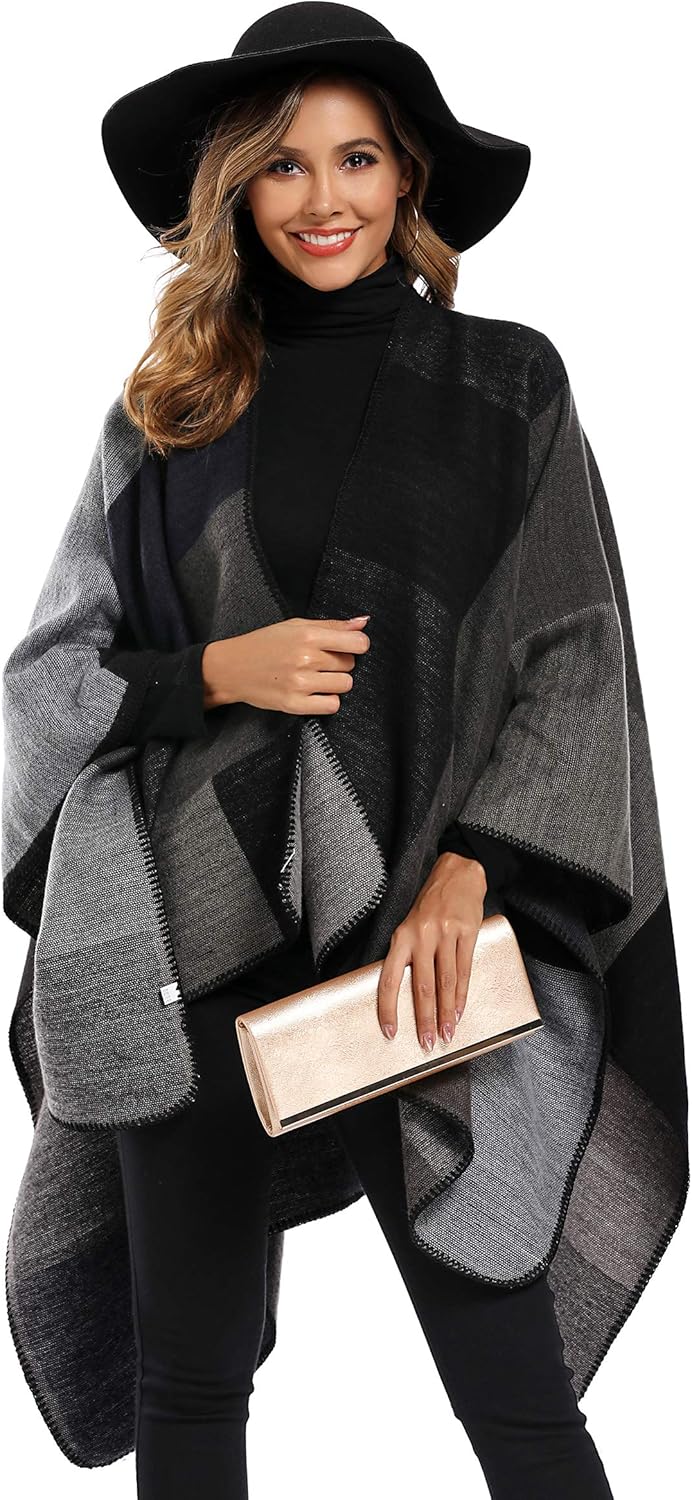 Epsion Women's Color Block Shawl Wrap Plus Size Cardigan Poncho Cape Open Front Long Winter Sweater Coat - Image 3