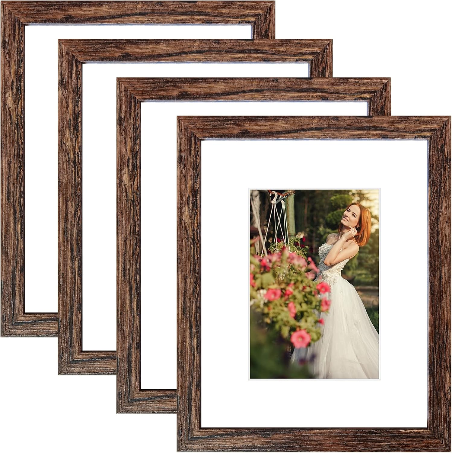 LUCKYLIFE 8x10 Brown Picture Frames Packs 4, Display Pictures 5x7 with Mat or 8x10 Without Mat, Wall or Tabletop Display