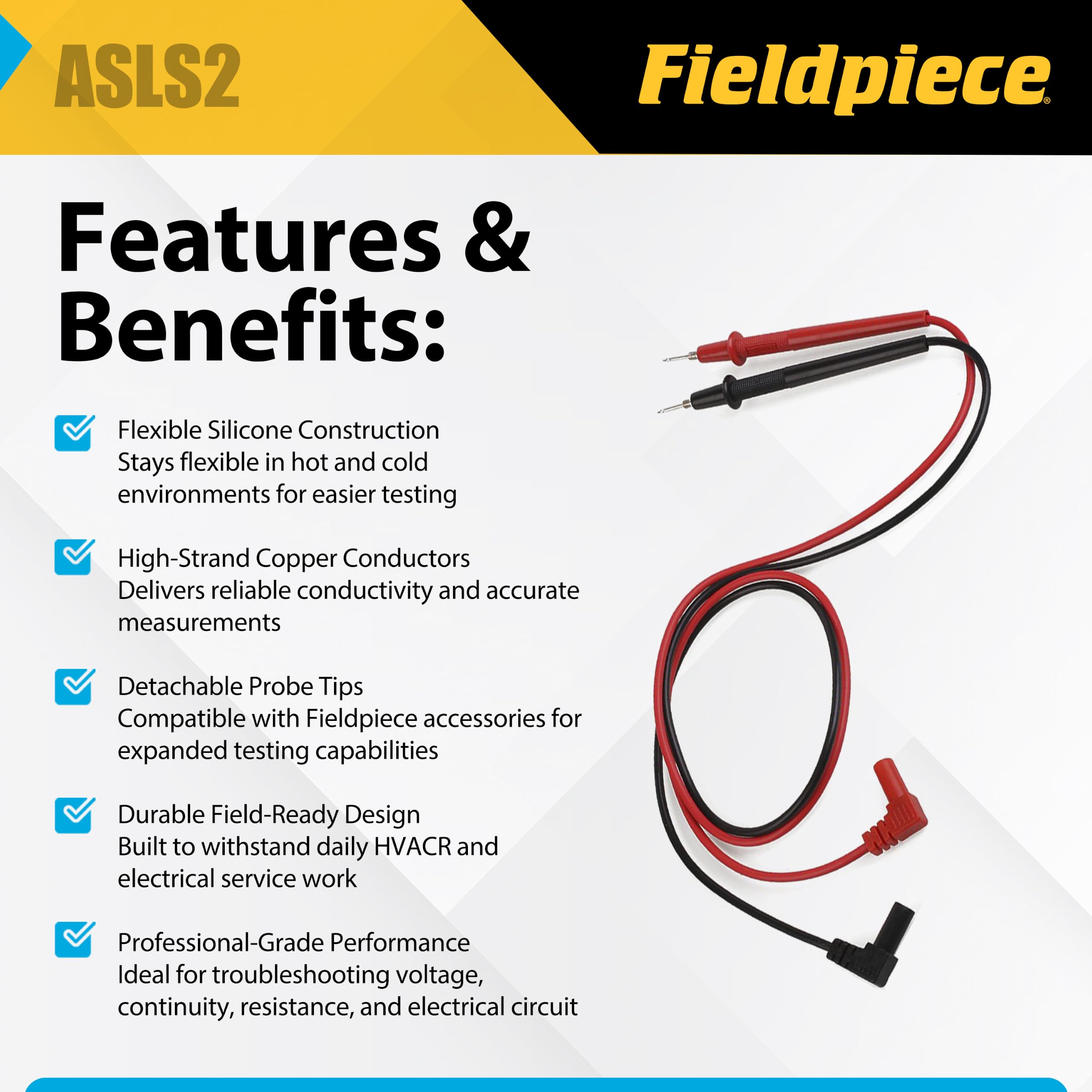 Fieldpiece ASLS2 Silicone Test Leads for HVAC and Electrical Testing - High-Strand Copper Conductors - Flexible Silicone Insulation and Detachable Probe Tips - CAT III & CAT IV Rated — Amazon image 2