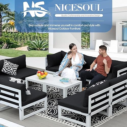 Miniatura 663 de NICESOUL 7 Piece White Powder-Coated Aluminum Patio Furniture with Fire Pit Table, 29 Inch Extra Wide Outdoor Sectional Sofa for 6, High-End Heavy