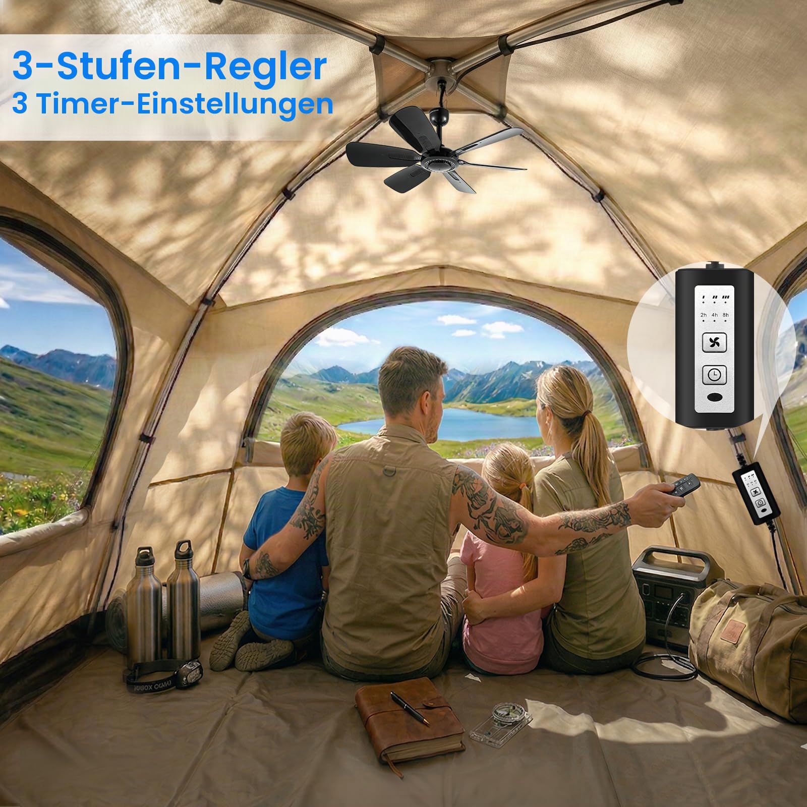45 cm Tragbarer Deckenventilator mit Fernbedienung und Timer, 3 Geschwindigkeiten, USB-Anschluss, 5V DC-Betrieb, 6 Flügel, für Innen/Außen, Wohnmobil, Camping, Zelt, Vordach, Pavillon