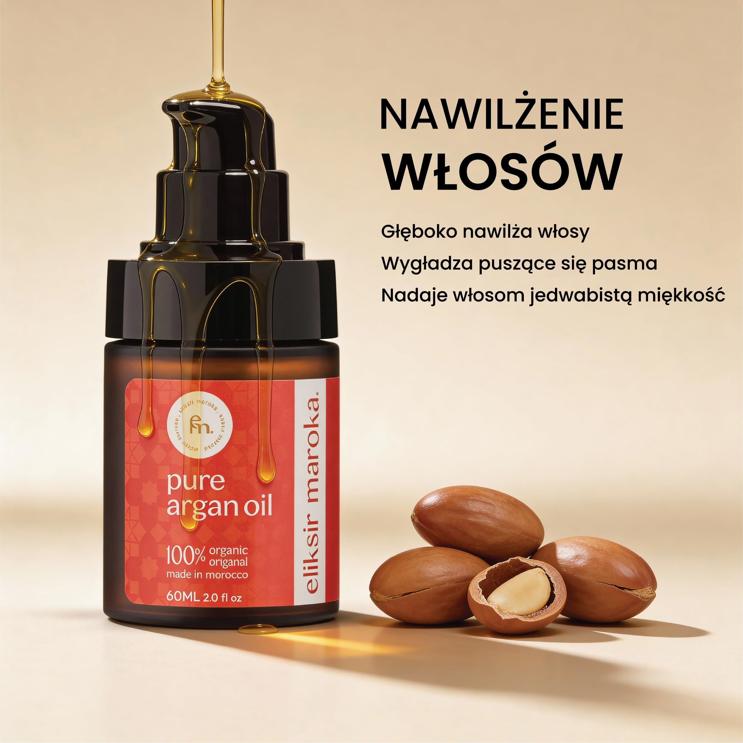 Olej Arganowy 100% Naturalny Dezodoryzowany 60 ml – Eliksir Maroka – Olejek do Twarzy, Ciała i Włosów – Tłoczony na Zimno
