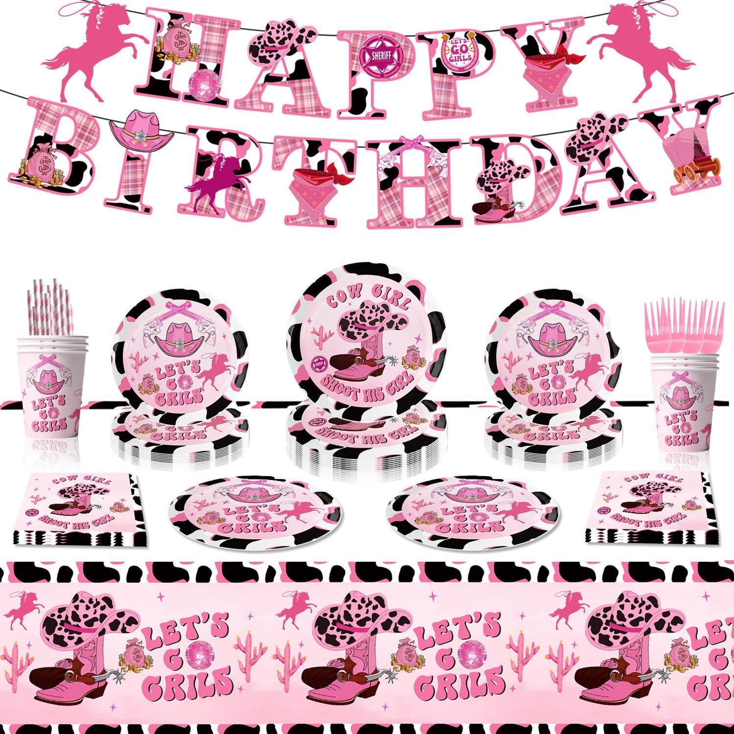 192Pcs Pink Cowgirl Birthday Party Decorations Supplies,Serves 25 Guests,Girl birthday decorations Party Pack Disposable Tableware (Plates, Cups, Forks, Napkins, Straws, Banner, Tablecloth)