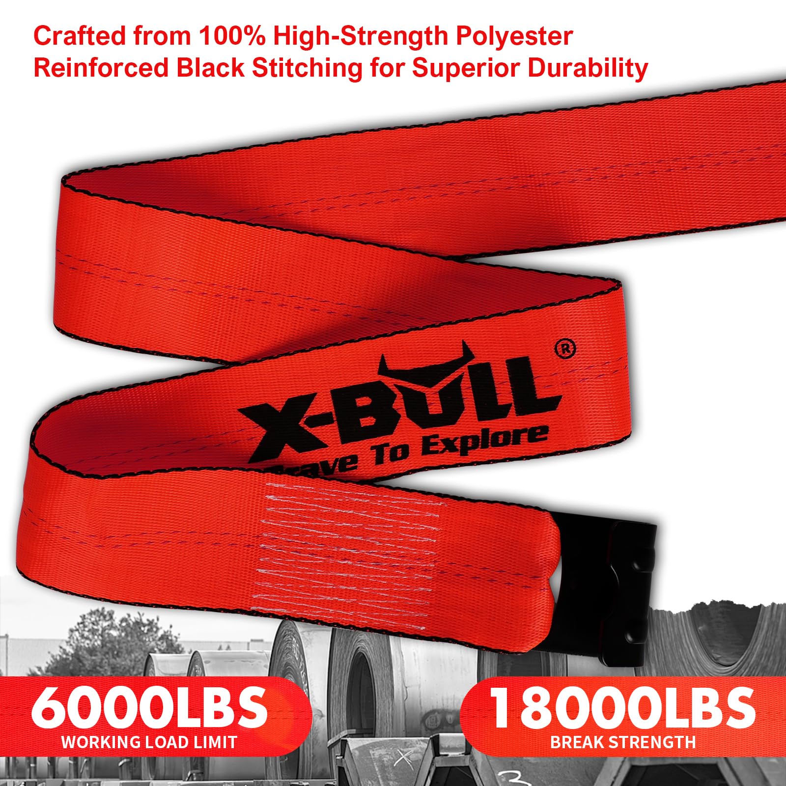 X-BULL Cinghie per verricello da 10,2 cm x 7,6 m, resistenza alla rottura di 8,2 kg, peso massimo 2721,6 kg, resistenti cinghie per rimorchi a pianale piatto, camion, salva-alberi, colore rosso