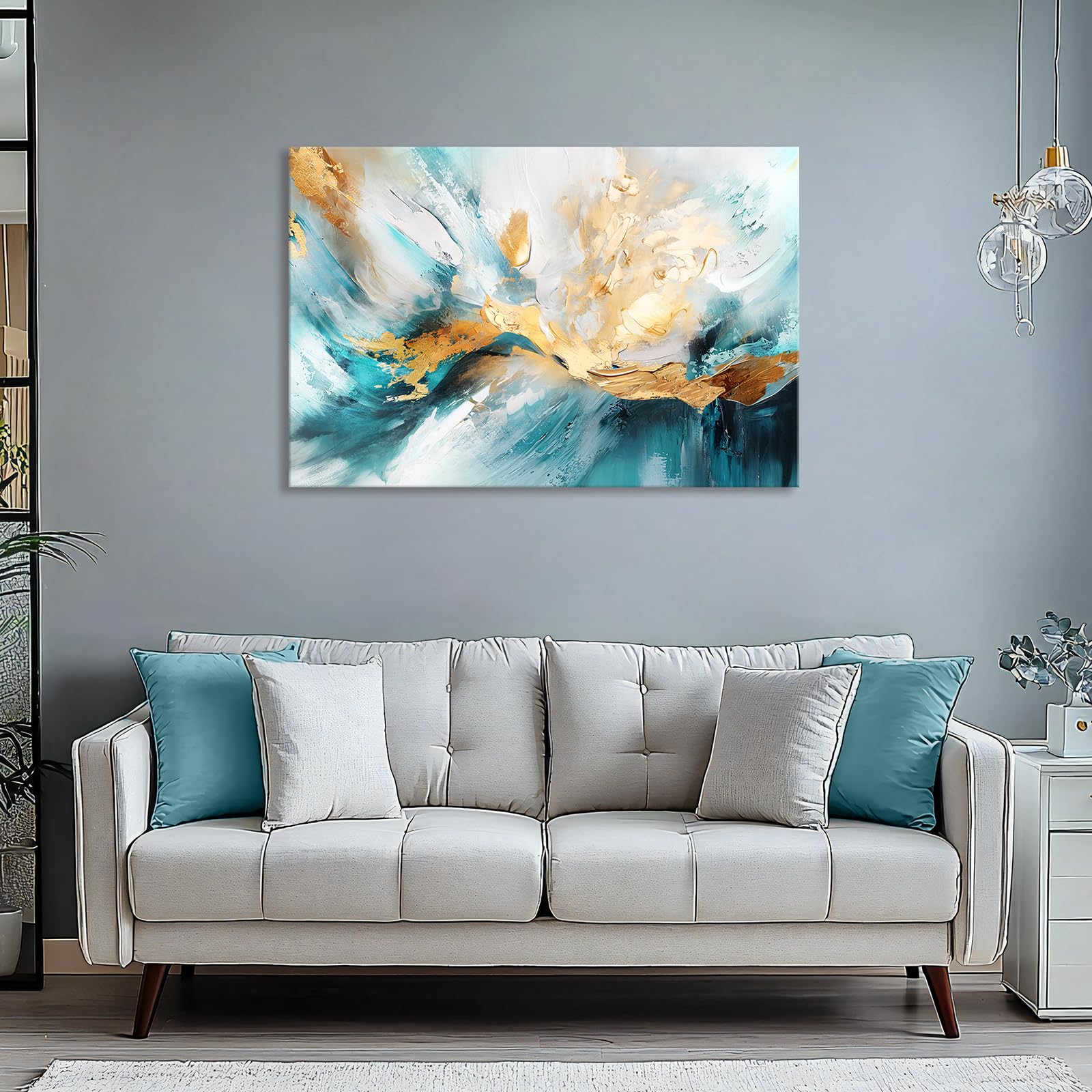 Abstrakt Weiß Grün Gold Leinwand Bilder Mit Rahmen Abstrakter Minimalistisch Bild auf Leinwand Malerei Abstraktes Poster Kunstdrucke Wandbilder Zuhause Wohnzimmer Schlafzimmer Wanddekor 120x80cm