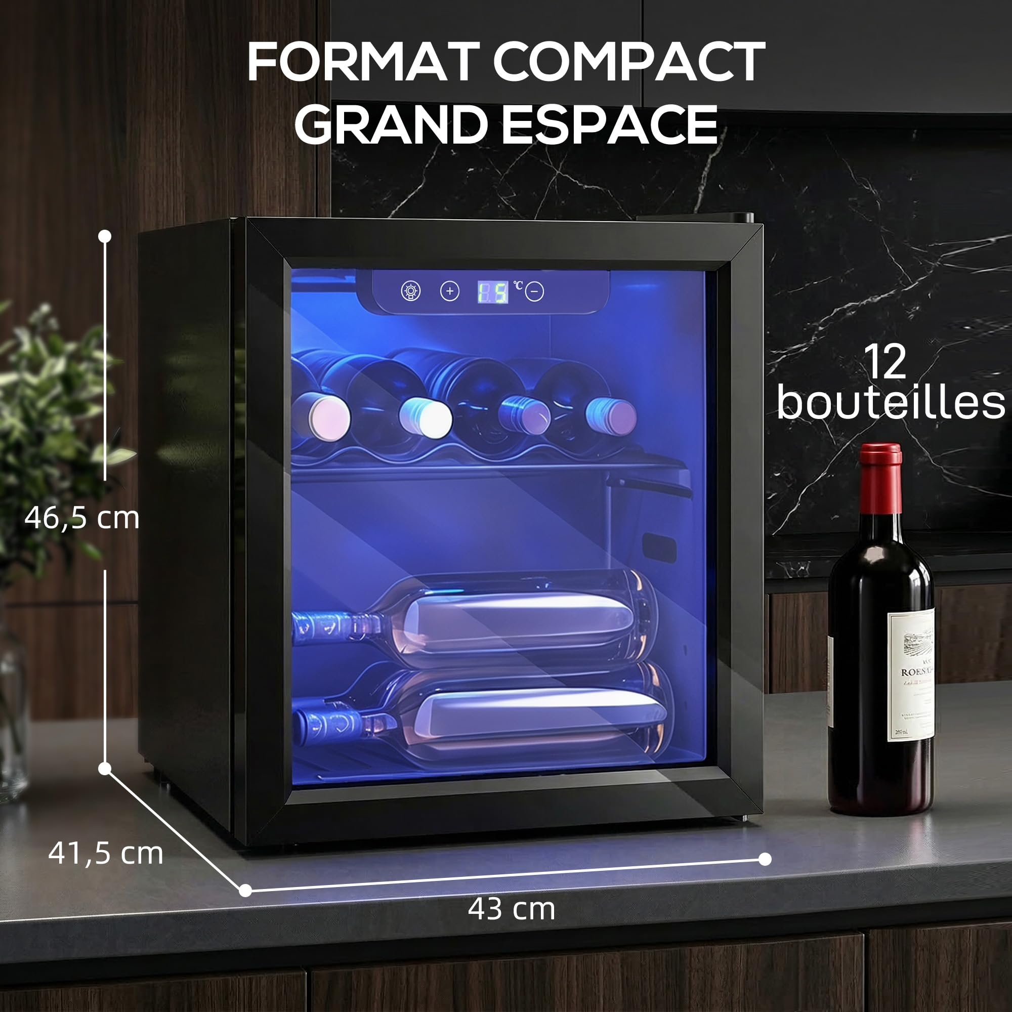 HOMCOM Cave à Vin 12 Bouteilles 36L, Réfrigérateur à Vin avec Température Réglable 4-16°C, Porte Réversible en Verre Trempé, Noir
