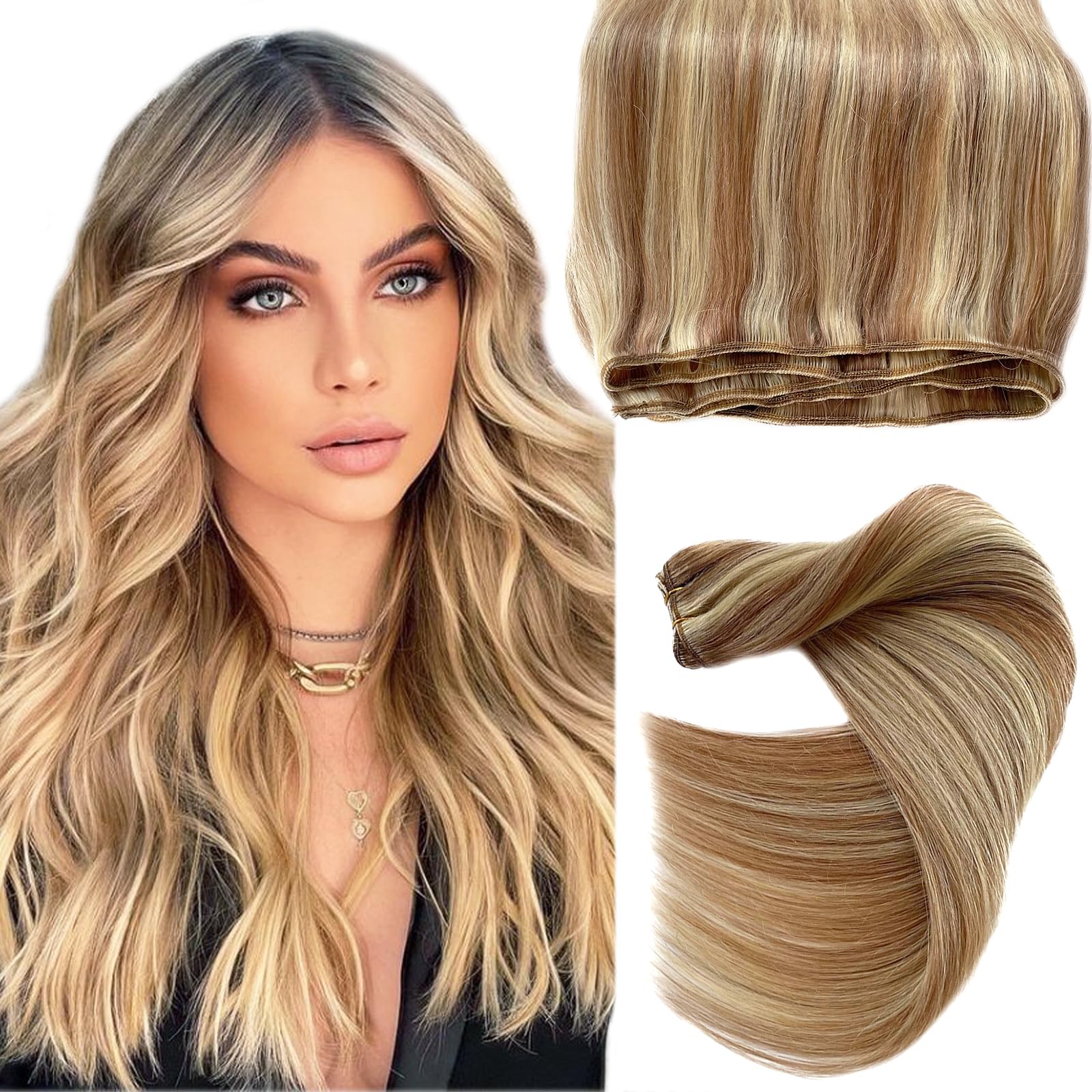 18 Inch Human Hair Weft Sew in Hair Extensions Real Human Hair Hand Tied Weft Hair Extensions Color 12/613 Golden Brown to Bleach Blonde Highlight