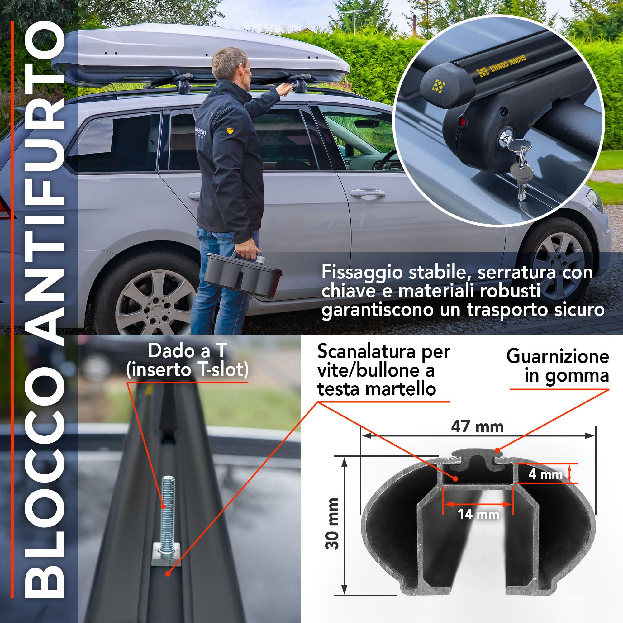 CHAOS RACKS | Universale Portapacchi da Tetto per Barre Longitudinali Aperte; Barre Portatutto | Trasporta in Sicurezza Box da Tetto, Portabici | Struttura Leggera e Resistente in Alluminio | 120 cm