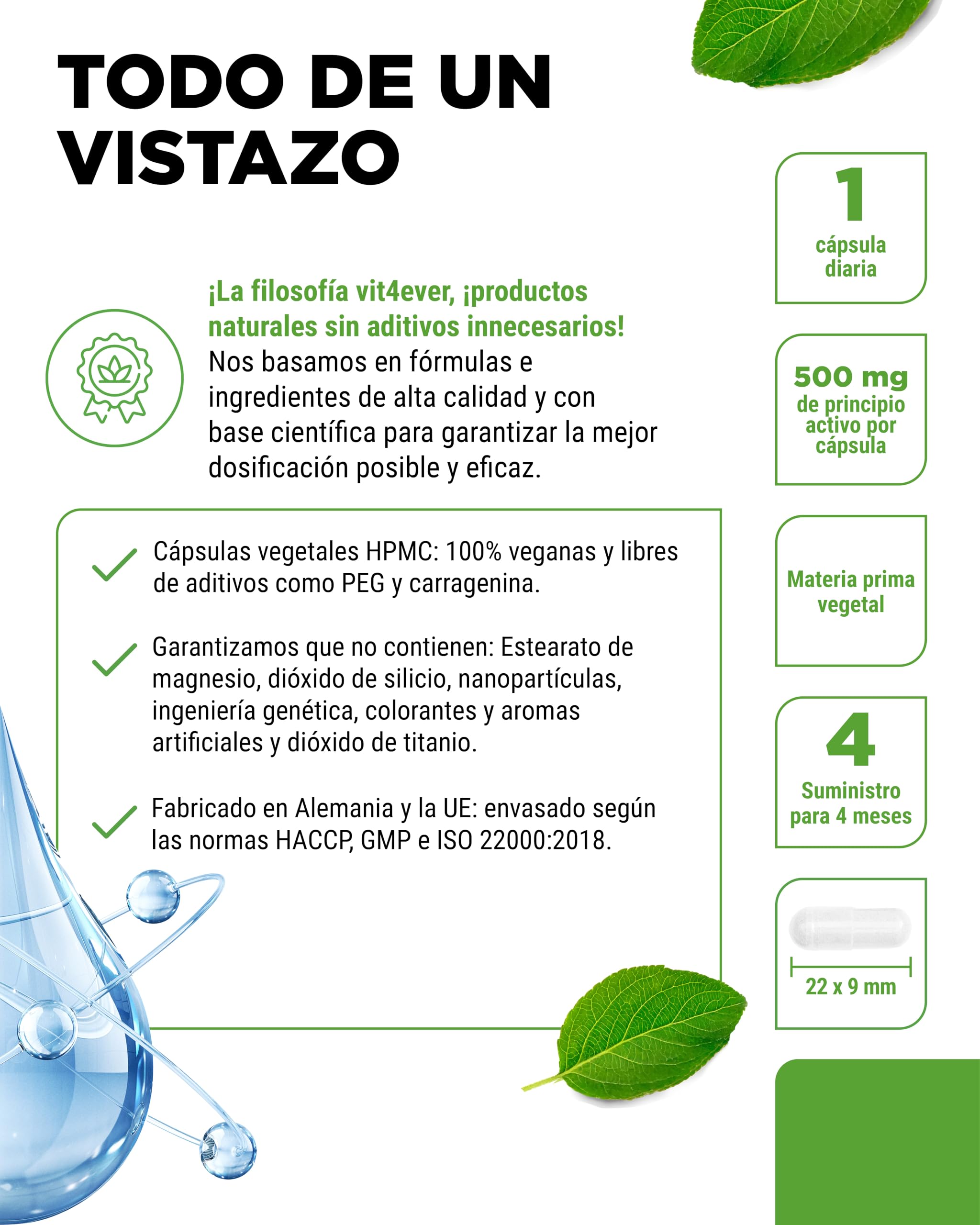 Ácido hialurónico - 120 cápsulas con 500 mg de hialurónico para 4 meses - 500-700 kDa - De fermentación vegetal - Sin aditivos indeseables, alta dosis, vegano
