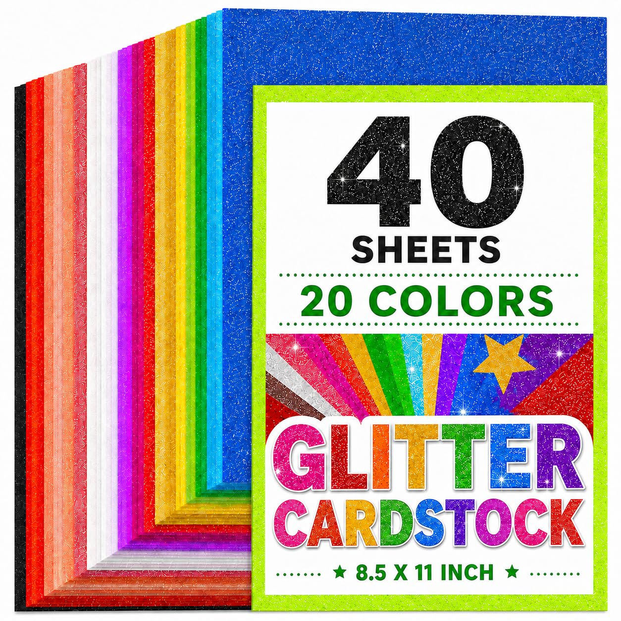XXINMOH 40 hojas de cartulina con purpurina, 20 colores de cartulina premium para Cricut, manualidades y proyectos de bricolaje, papel brillante de 8.5 x 11 pulgadas para hacer tarjetas (250 g/m²)