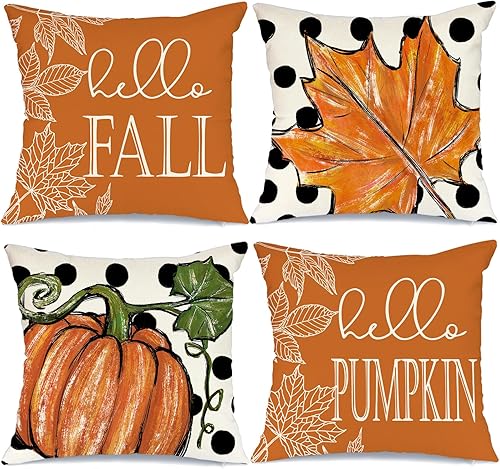 GEEORY Juego de 4 fundas de almohada de otoño de 18 x 18 pulgadas, diseño de hojas de arce con diseño de calabaza y texto en inglés "Hello Pumpkin",