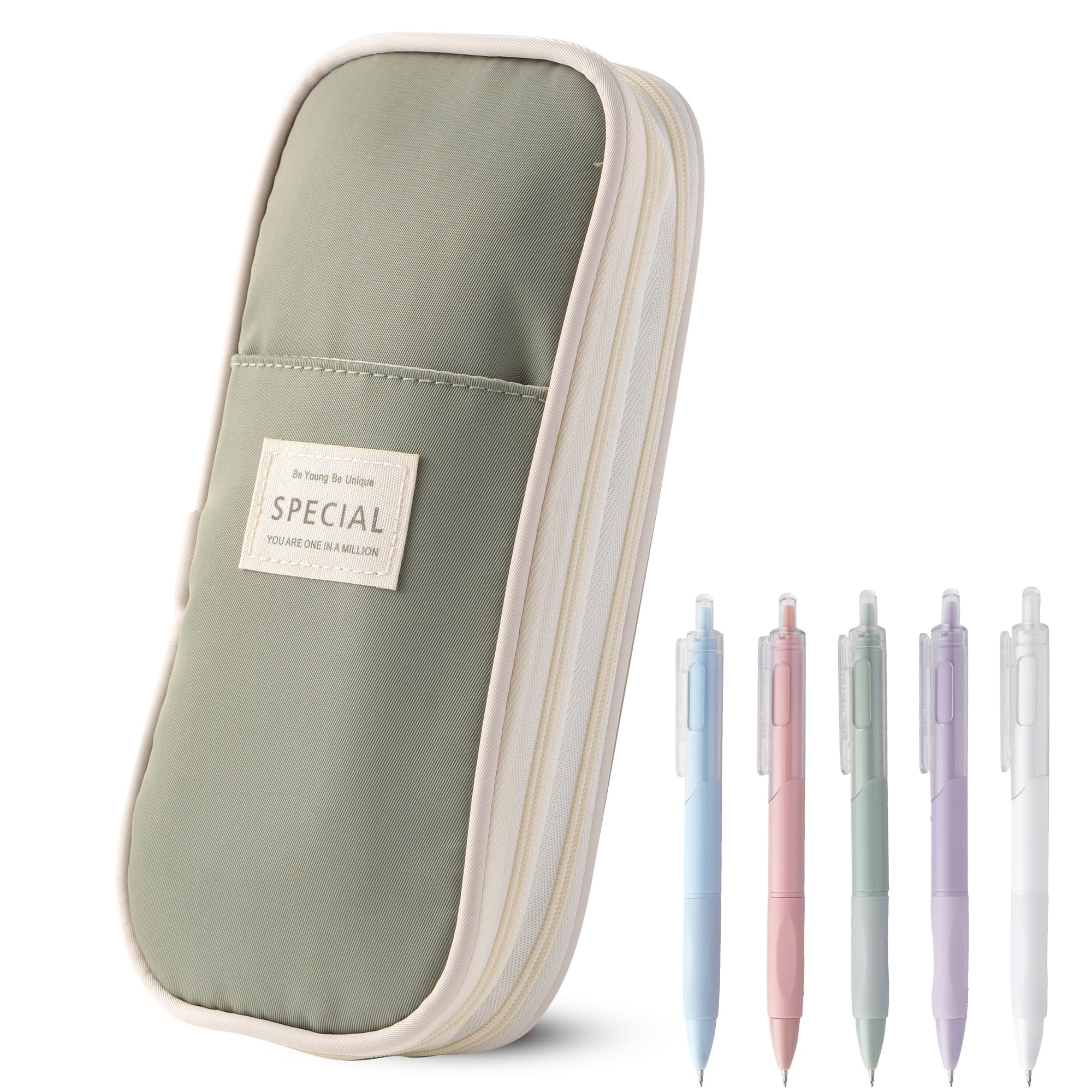 Large Capacity Pencil Case, Pencil Pouch with 5 Black Gel Pens (0.5mm), Big Zipper Pen Bag for Students, Aesthetic School Supplies, Cute Stationery Set for Girls and Women (Green)