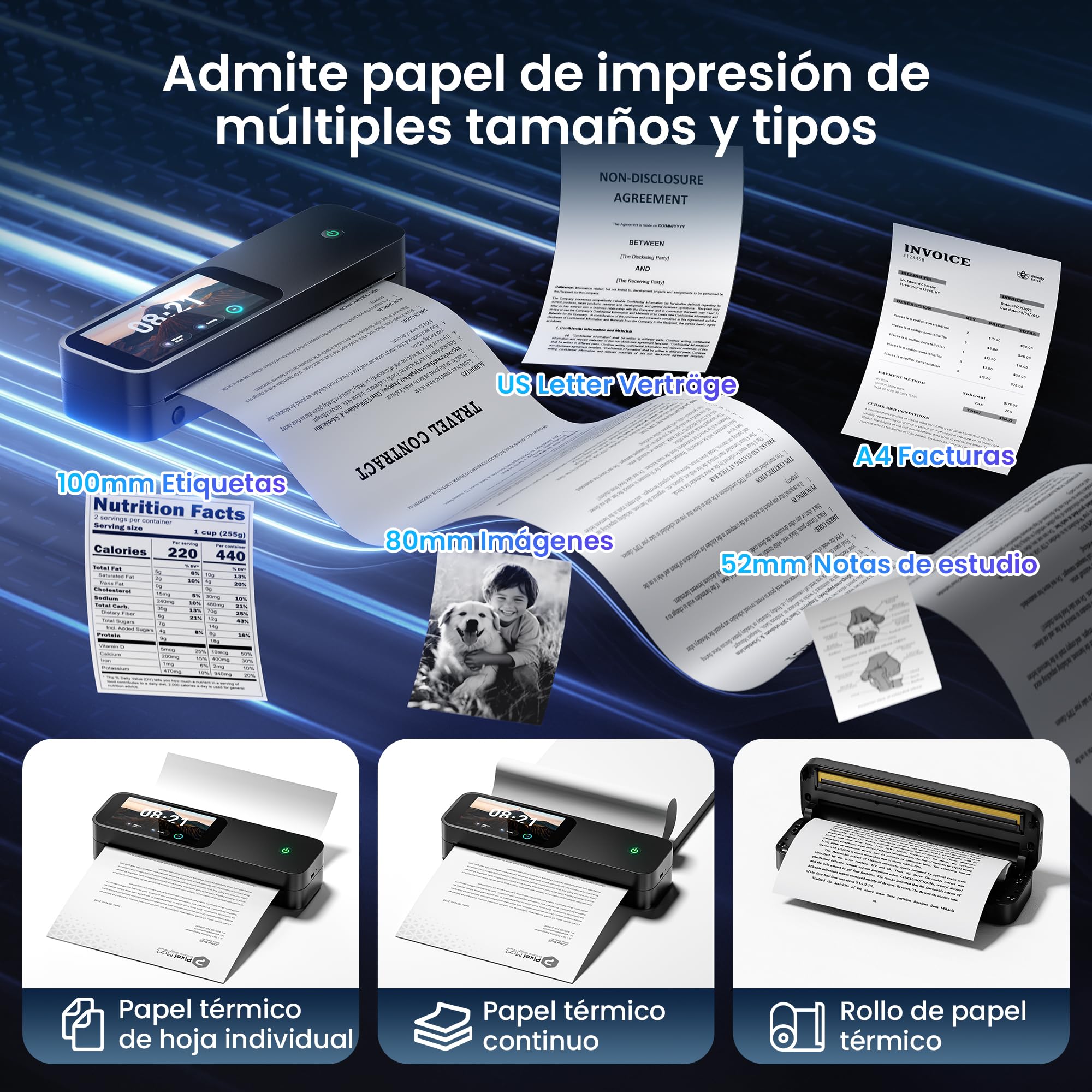 Phomemo Impresoras Termica A4 Kit, Pantalla Grande Reconocimiento de Papel | con Maletín de Transporte y 4 Rollos de Papel Térmico Impresoras de 300 dpi Compatible con iOS y Android, Teléfono y Portátil