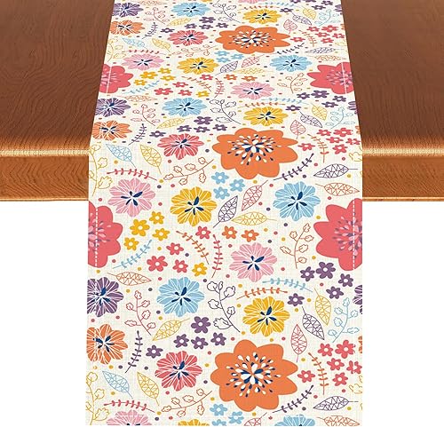 Camino de mesa floral retro de los años 70, estilo hippie vintage de los años 70 y 60, abstracto, colorido, estético, moderno, casa de campo, mesa