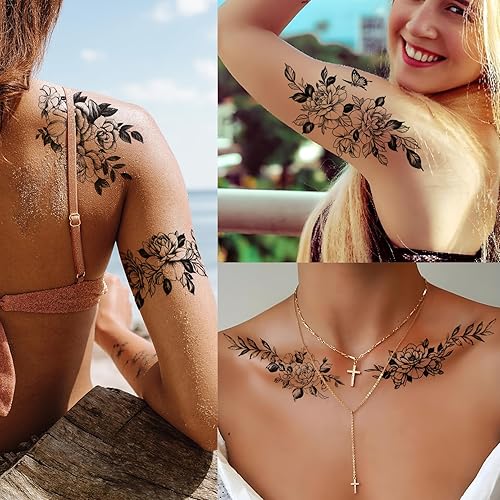 Miniatura 8 de Casciybo Tatuajes temporales de henna para adultos mujeres y niñas 12 hojas negras calcomanías de tatuaje de mandala de flores falsas arte