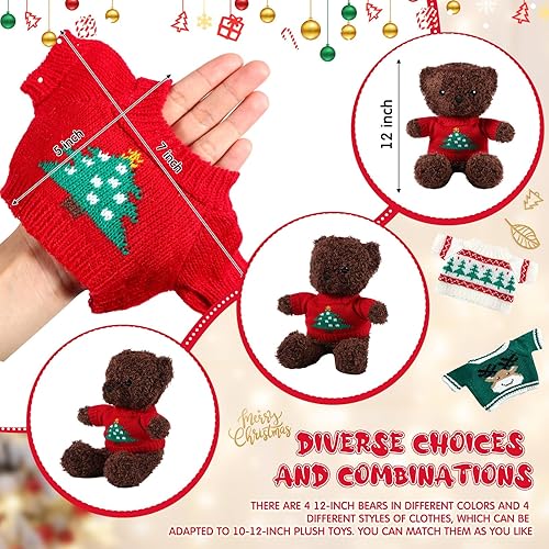 Miniatura 2 de 4 piezas de animales de peluche de oso con 4 ropa de muñeca de 12 pulgadas, lindo oso de peluche con ropa extraíble, suéter con capucha, accesorios