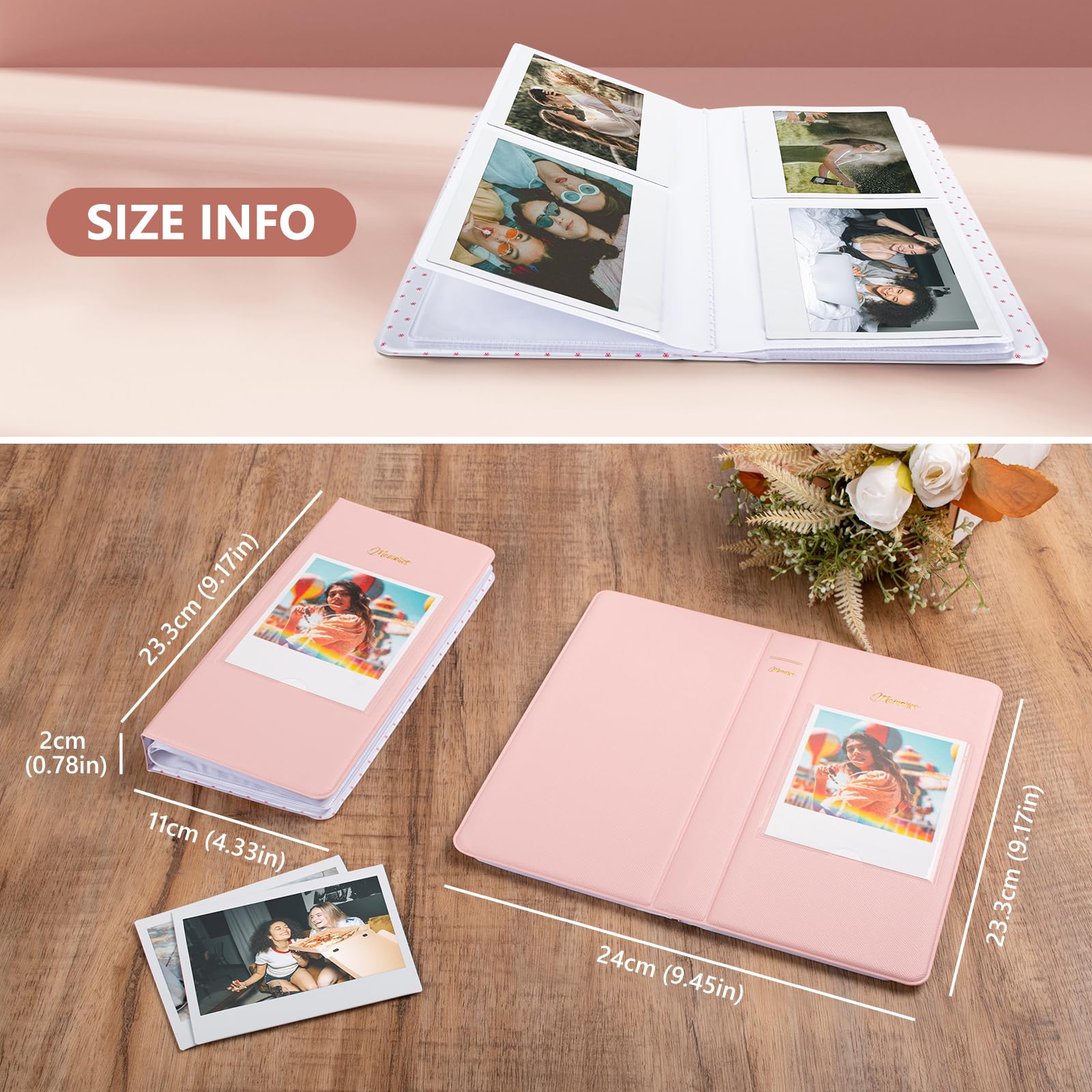 Album photo à 64 pochettes pour Fujifilm Instax WIDE 400/WIDE EVO, livre photo en cuir PU pour Instax Wide 300/210/200/Polaroid 600 i-Type Photo – Album photo 8,9 x 10,9 cm – Rose