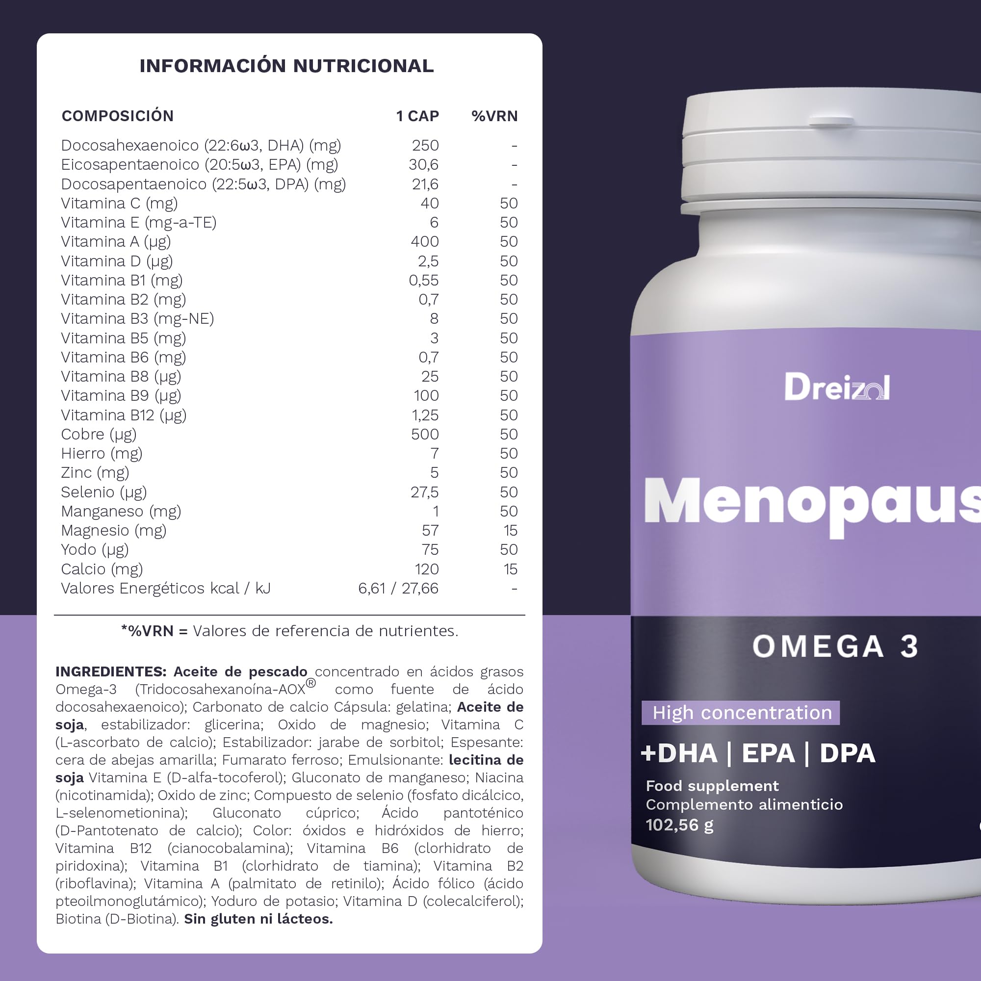 by Brudy Lab - Omega 3 Menopausia - 8 en 1– Cápsulas con DHA, EPA y DPA en Triglicéridos, con Vitaminas y Minerales - Alivia los Síntomas de la Menopausia - Sin Gluten ni Lácteos - 60 Cápsulas