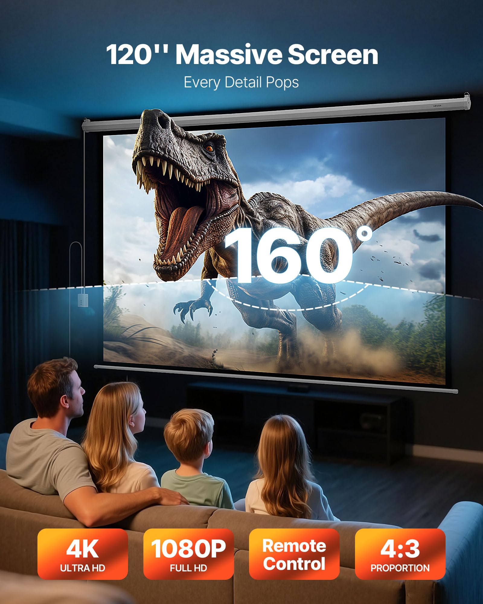 VEVOR Écran de Projection Motorisé Électrique 3048 mm 4:3 1080 HD, Toile PVC avec Télécommande