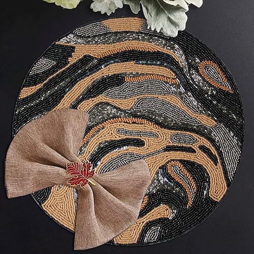 Miniatura 4 de Decozen Manteles Individuales con Cuentas Negros y Beige para Mesa de Comedor - Juego de 2 - 14 Pulgadas para Decoración de Cocina Resistentes a