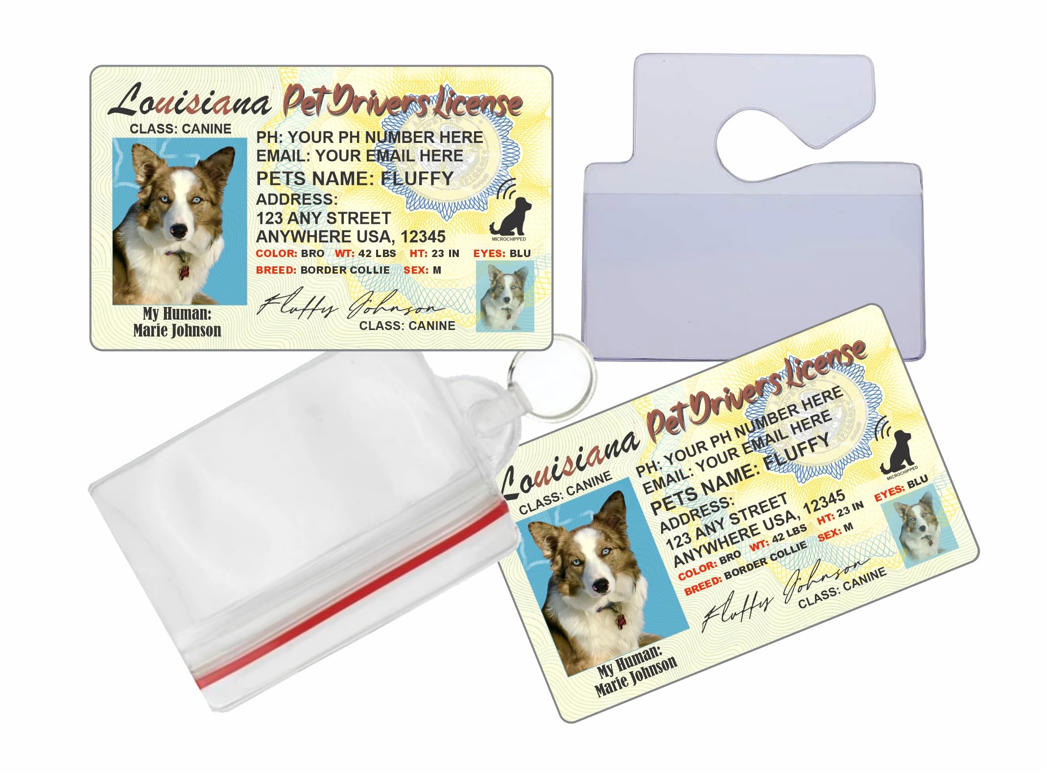Louisiana Pet Drivers License - x 2 Full Sized Cards - Pet Identification Tags - Personalized ID for Dogs, Cats or Any Pet - Accessories Included